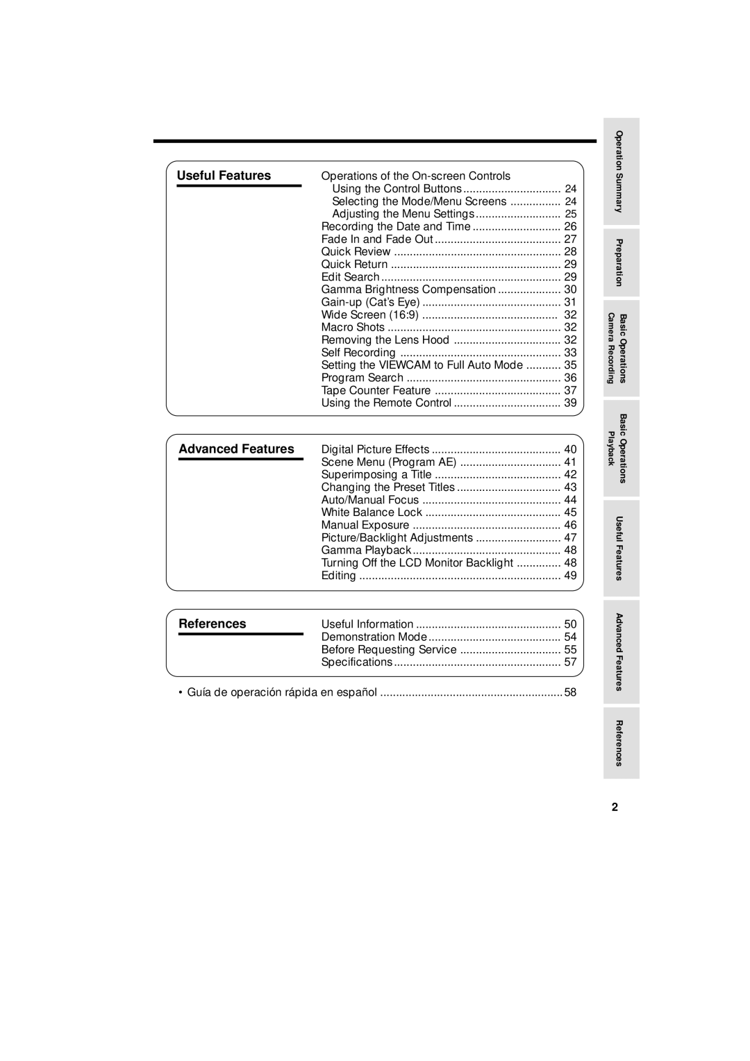 Sharp VL-A110U operation manual Useful Features, Advanced Features, References, Gamma Brightness Compensation 