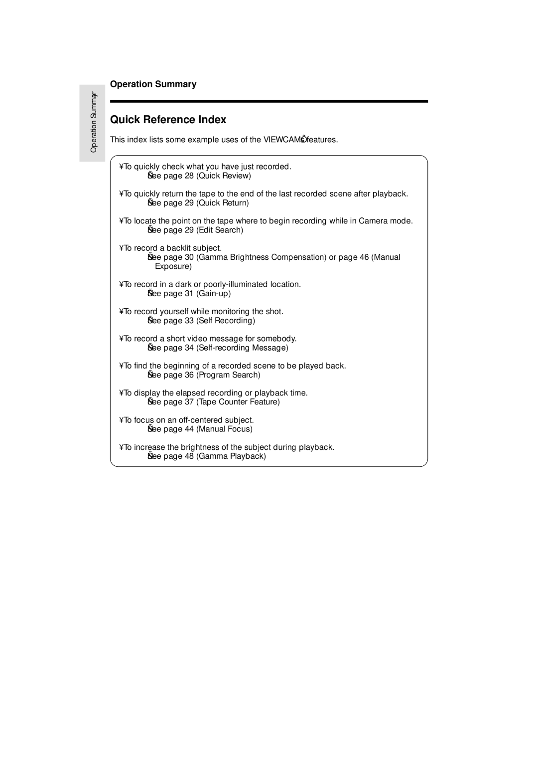 Sharp VL-A110U operation manual Quick Reference Index, Operation Summary 