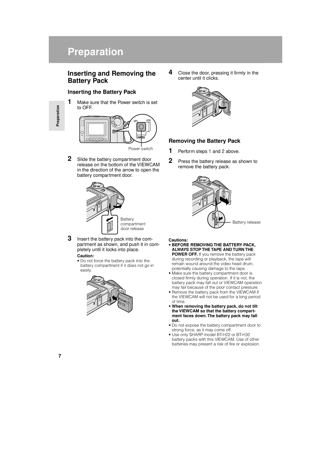 Sharp VL-A110U operation manual Inserting and Removing, Inserting the Battery Pack, Removing the Battery Pack 