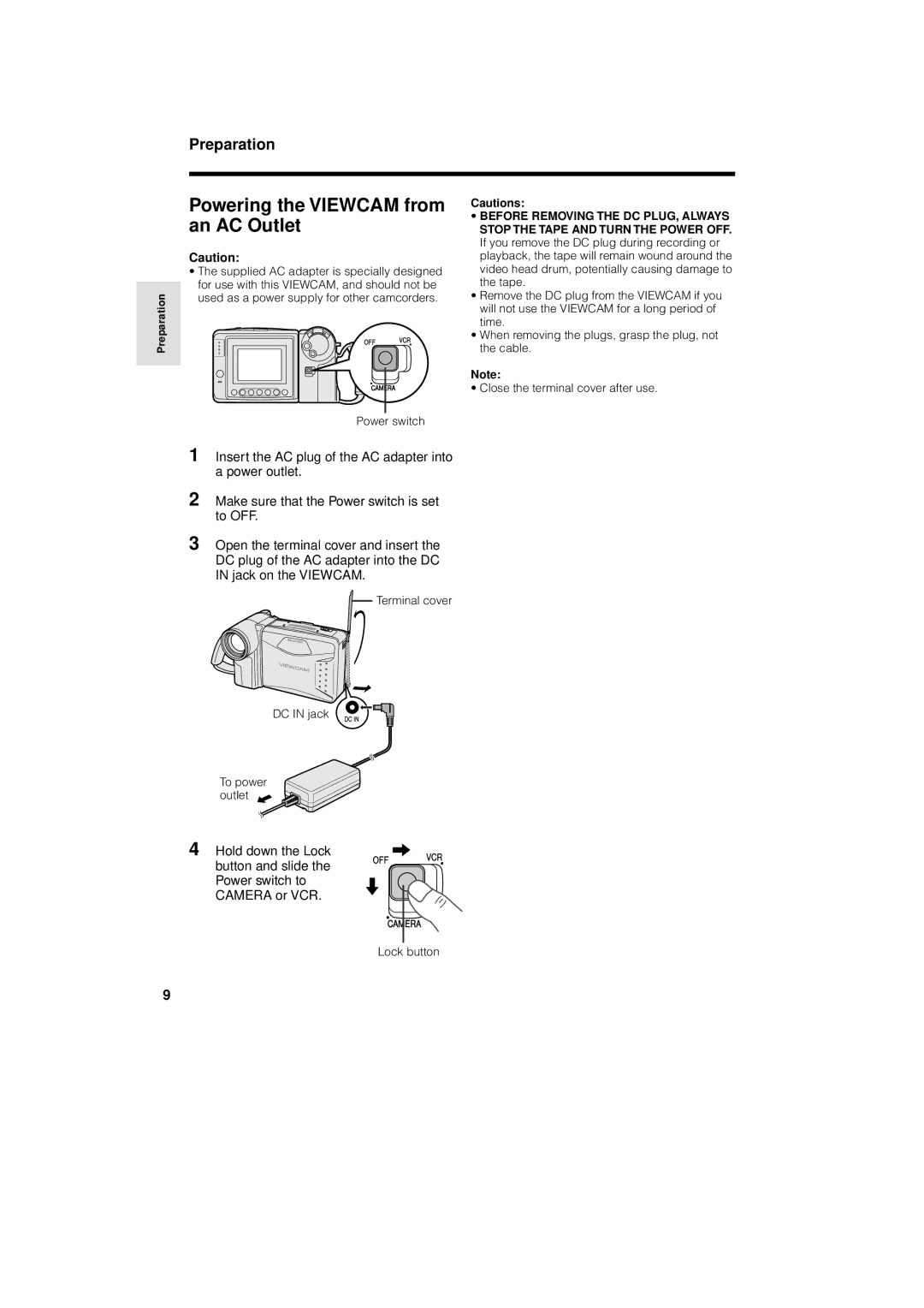 Sharp VL-A110U operation manual Powering the Viewcam from an AC Outlet, Preparation 