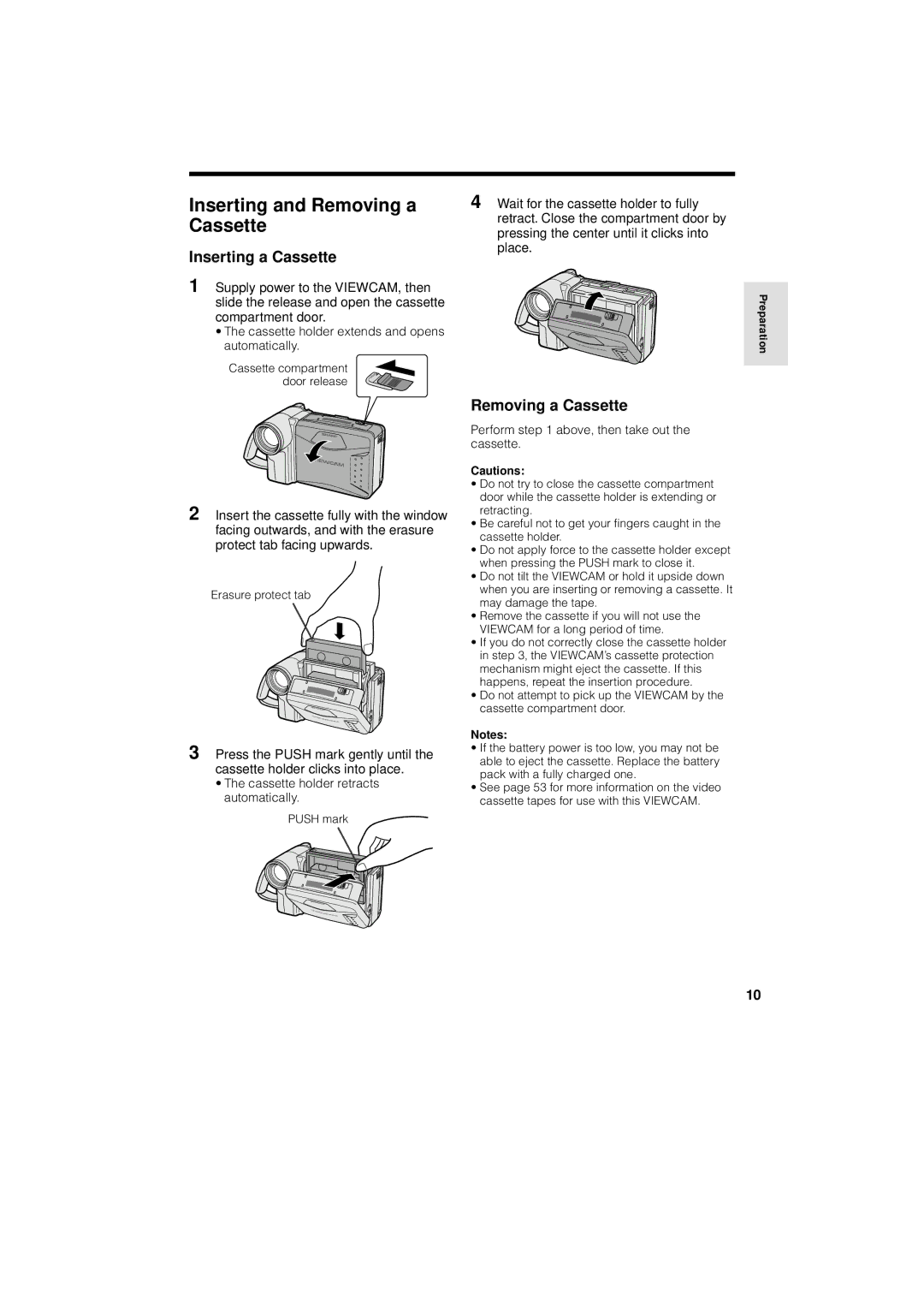 Sharp VL-A110U Inserting and Removing a Cassette, Inserting a Cassette, Perform above, then take out the cassette 