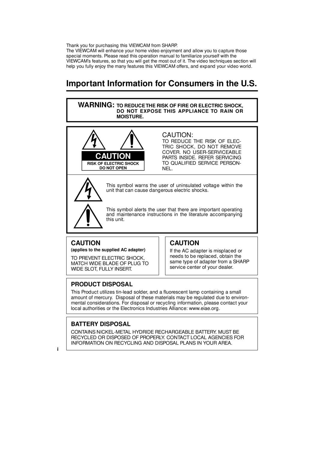 Sharp VL-A110U operation manual Thank you for purchasing this Viewcam from Sharp, Applies to the supplied AC adapter 