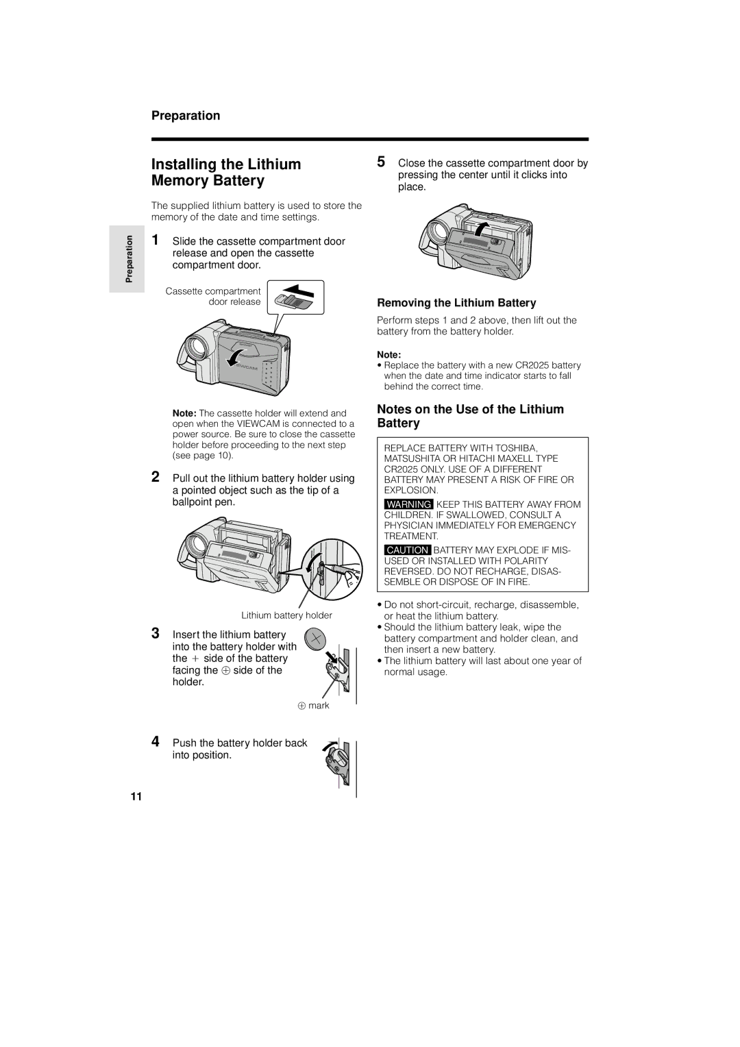 Sharp VL-A110U operation manual Installing the Lithium Memory Battery, Removing the Lithium Battery 