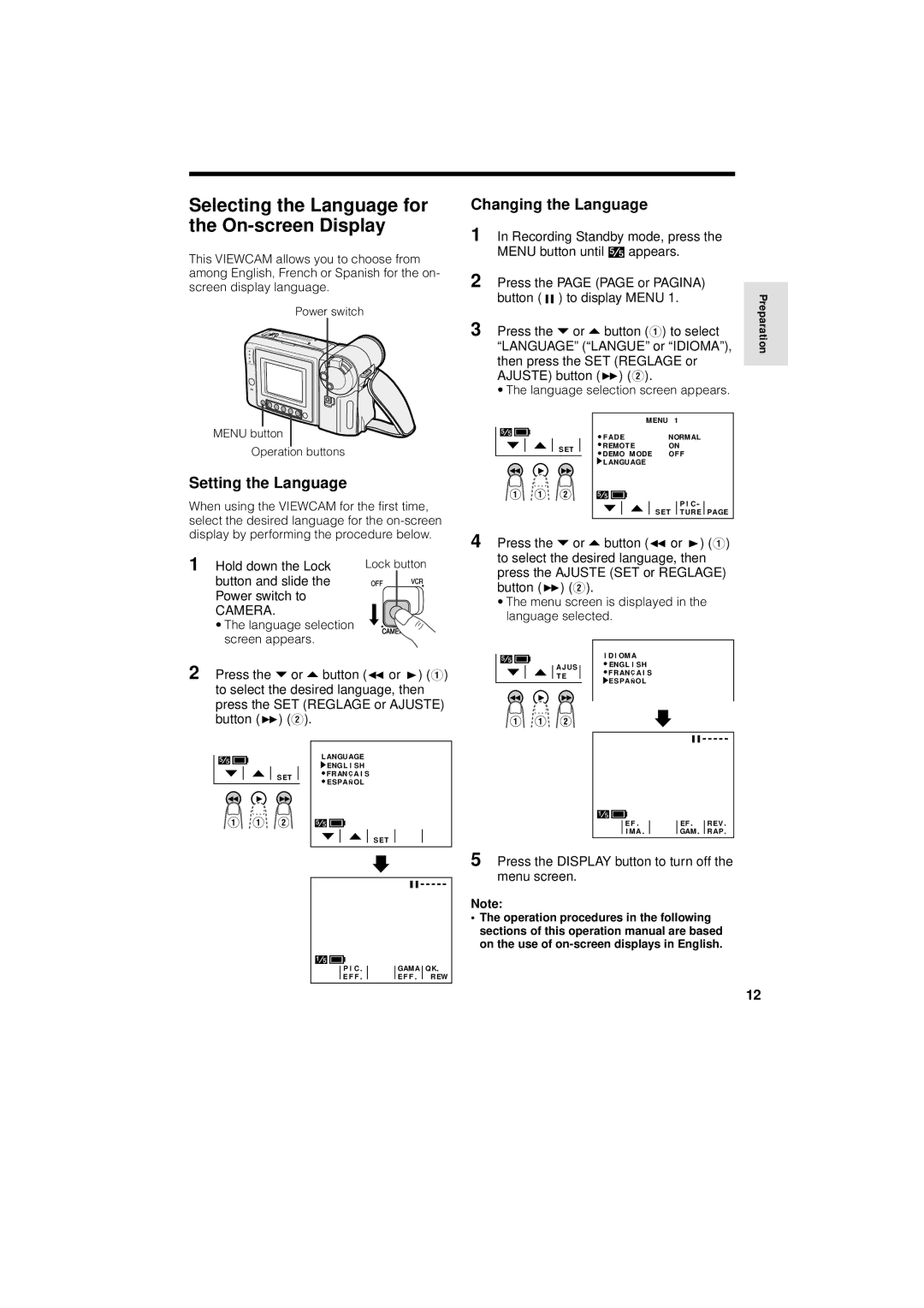 Sharp VL-A110U Selecting the Language for the On-screen Display, Setting the Language, Changing the Language 