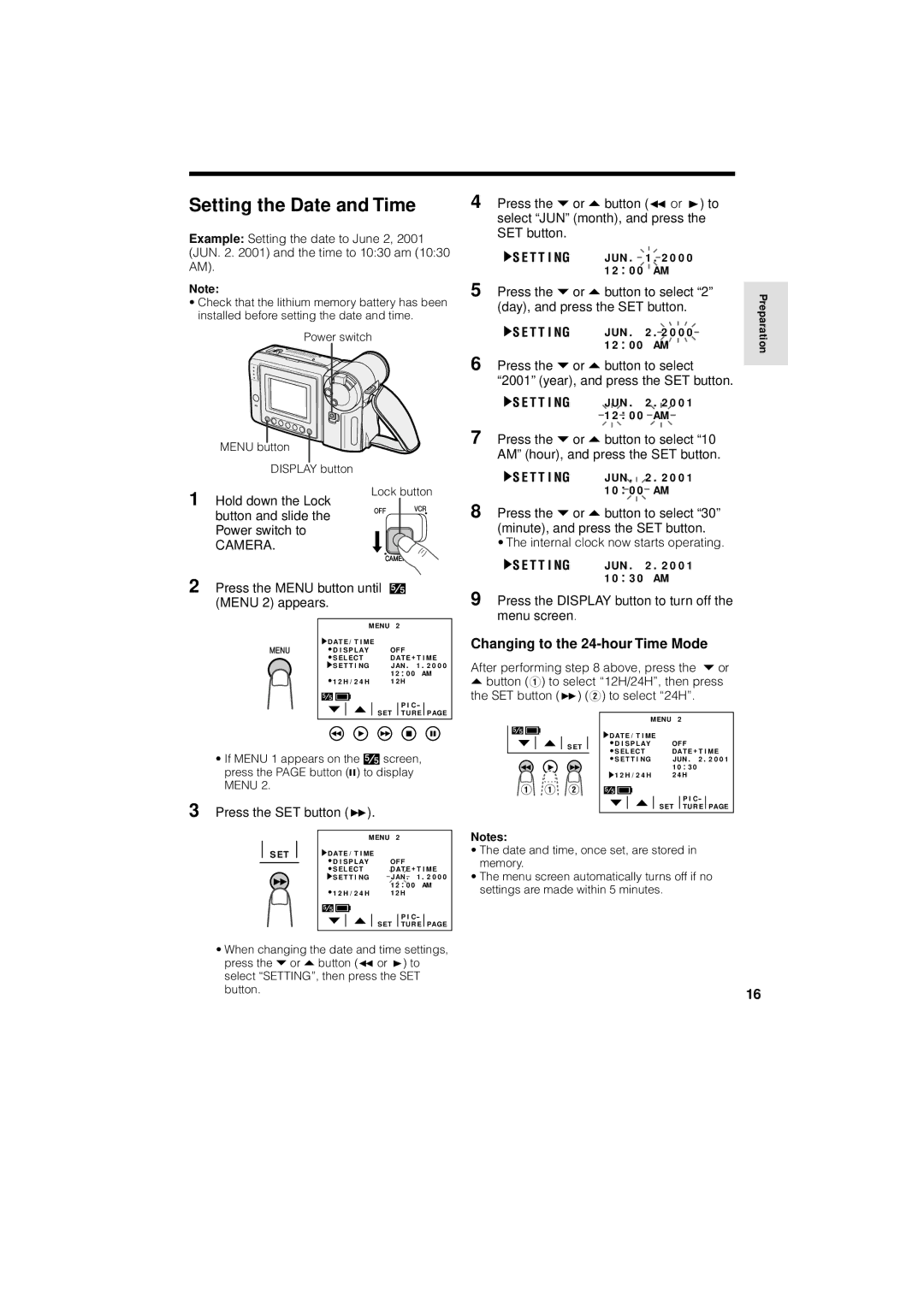 Sharp VL-A110U operation manual Setting the Date and Time, Changing to the 24-hour Time Mode, Press the SET button B, 0 0 