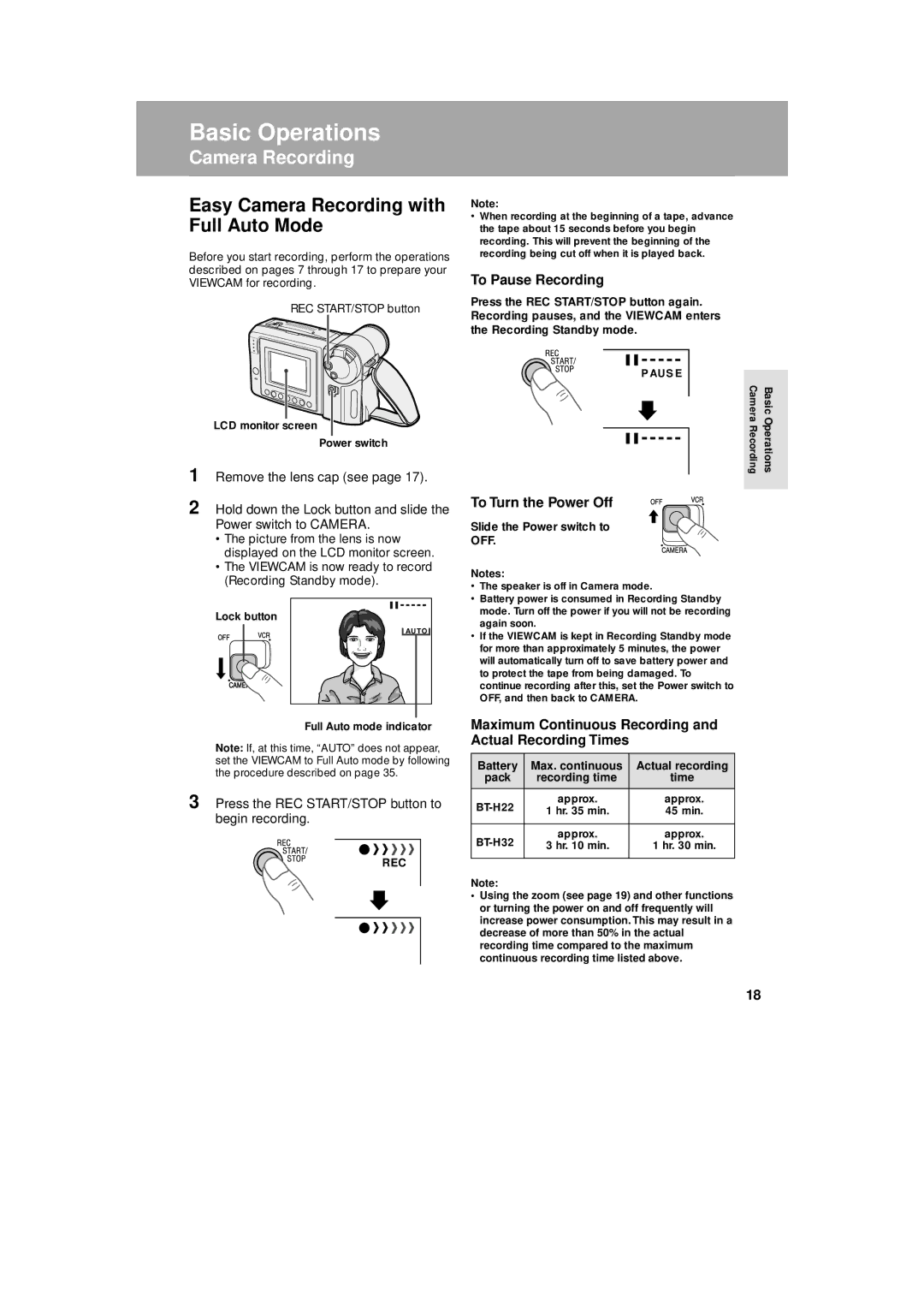 Sharp VL-A110U operation manual Easy Camera Recording with Full Auto Mode, To Pause Recording, To Turn the Power Off 