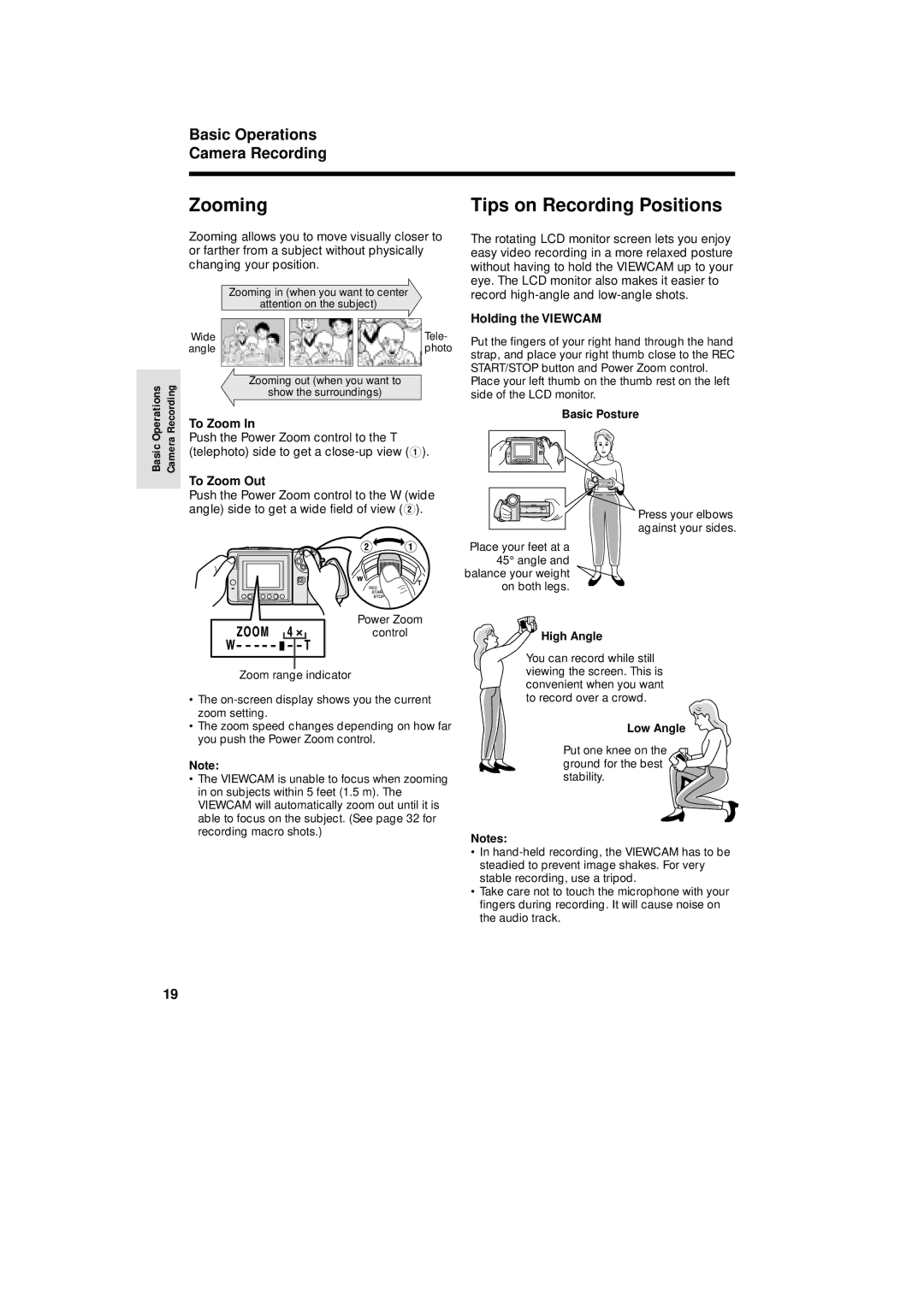 Sharp VL-A110U operation manual Zooming, Tips on Recording Positions, Basic Operations Camera Recording 