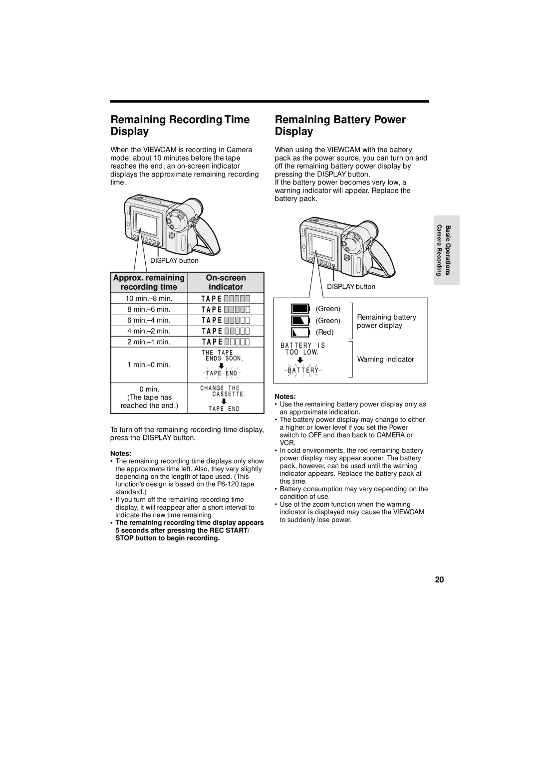 Sharp VL-A110U operation manual Remaining Recording Time Display, Remaining Battery Power Display 