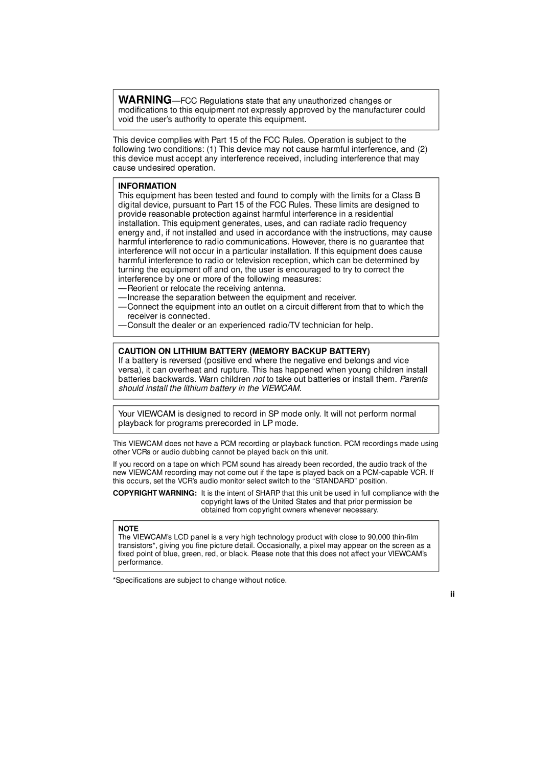 Sharp VL-A110U operation manual Information 