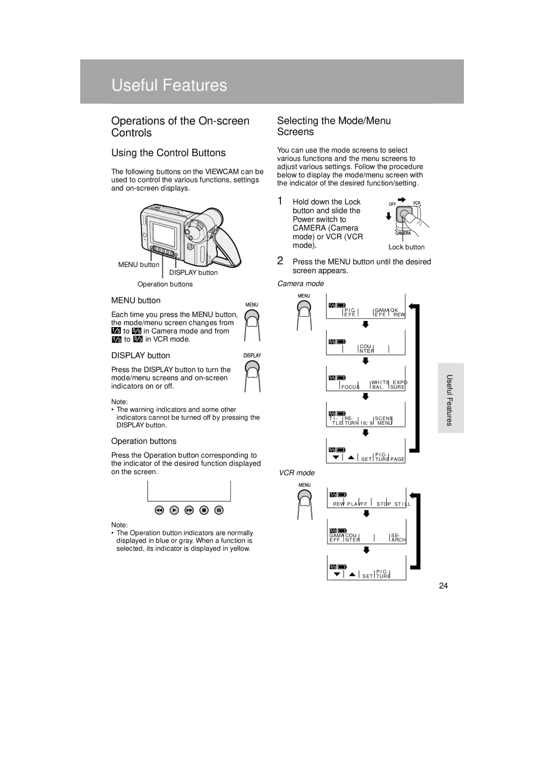 Sharp VL-A110U Operations of the On-screen Controls, Menu button, Display button, Operation buttons, Useful Features 