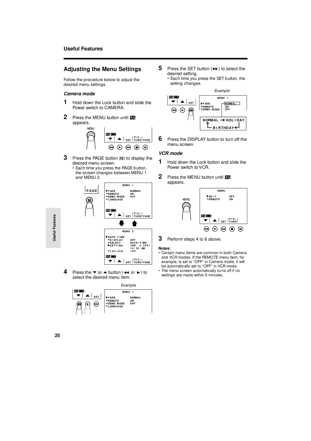 Sharp VL-A110U operation manual Press the SET button B to select, Desired setting, Perform steps 4 to 6 above 