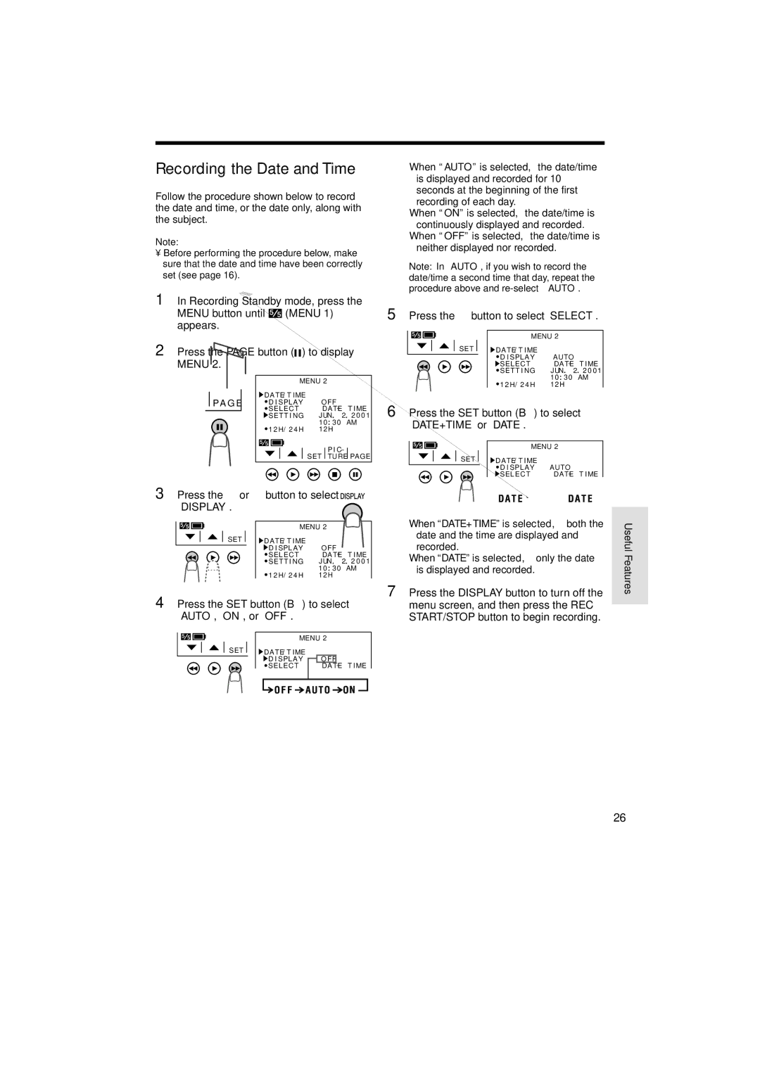 Sharp VL-A110U Recording the Date and Time, Press the or button to select Display, Press the button to select Select 