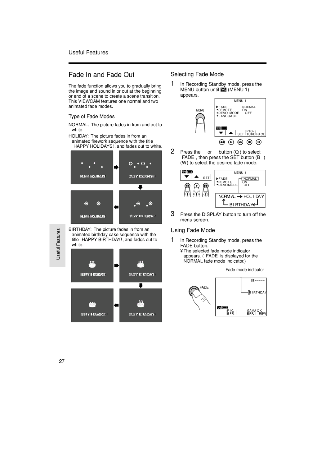 Sharp VL-A110U operation manual Fade In and Fade Out, Selecting Fade Mode, Using Fade Mode, Type of Fade Modes 