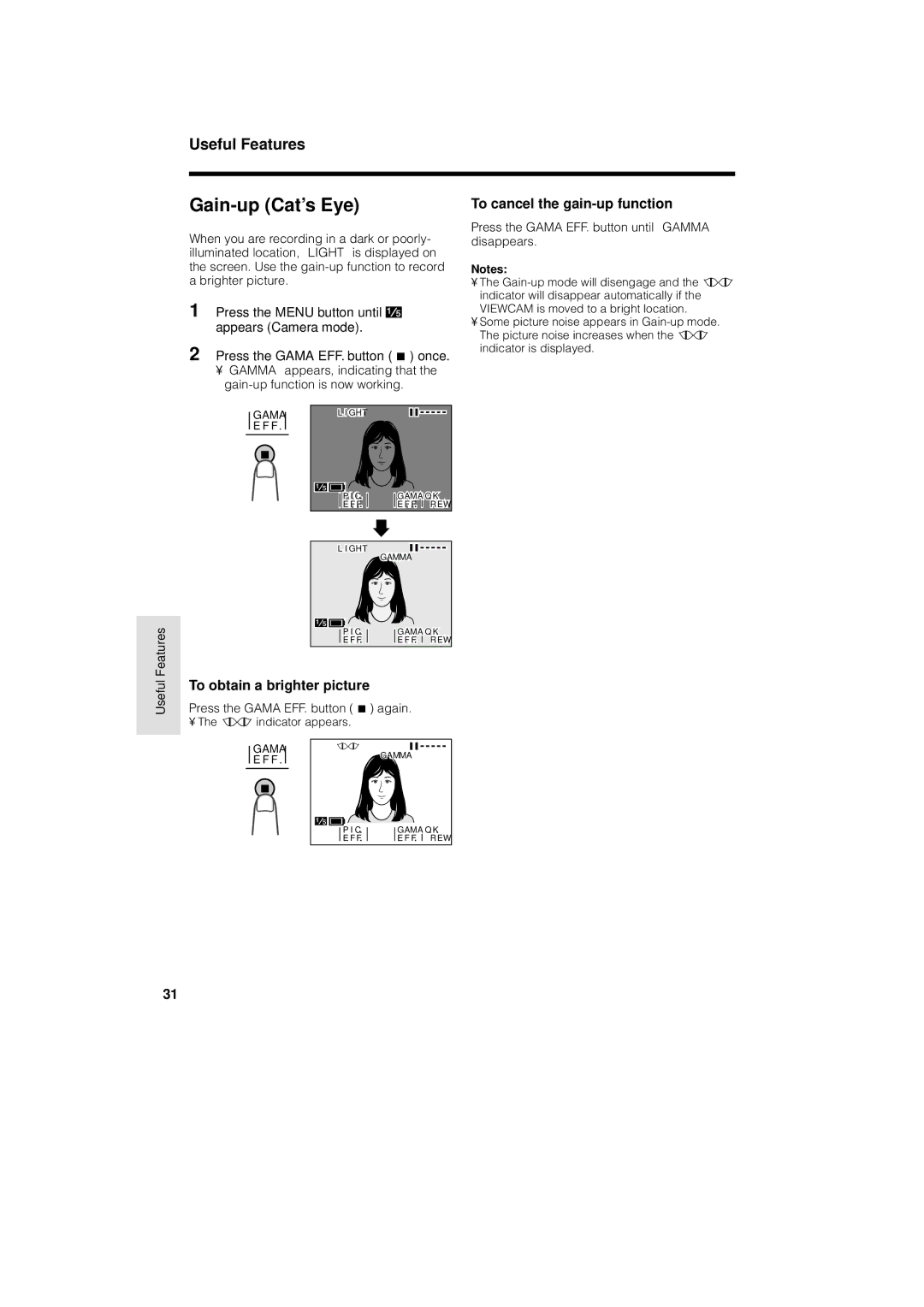 Sharp VL-A110U operation manual Gain-up Cat’s Eye, To cancel the gain-up function 