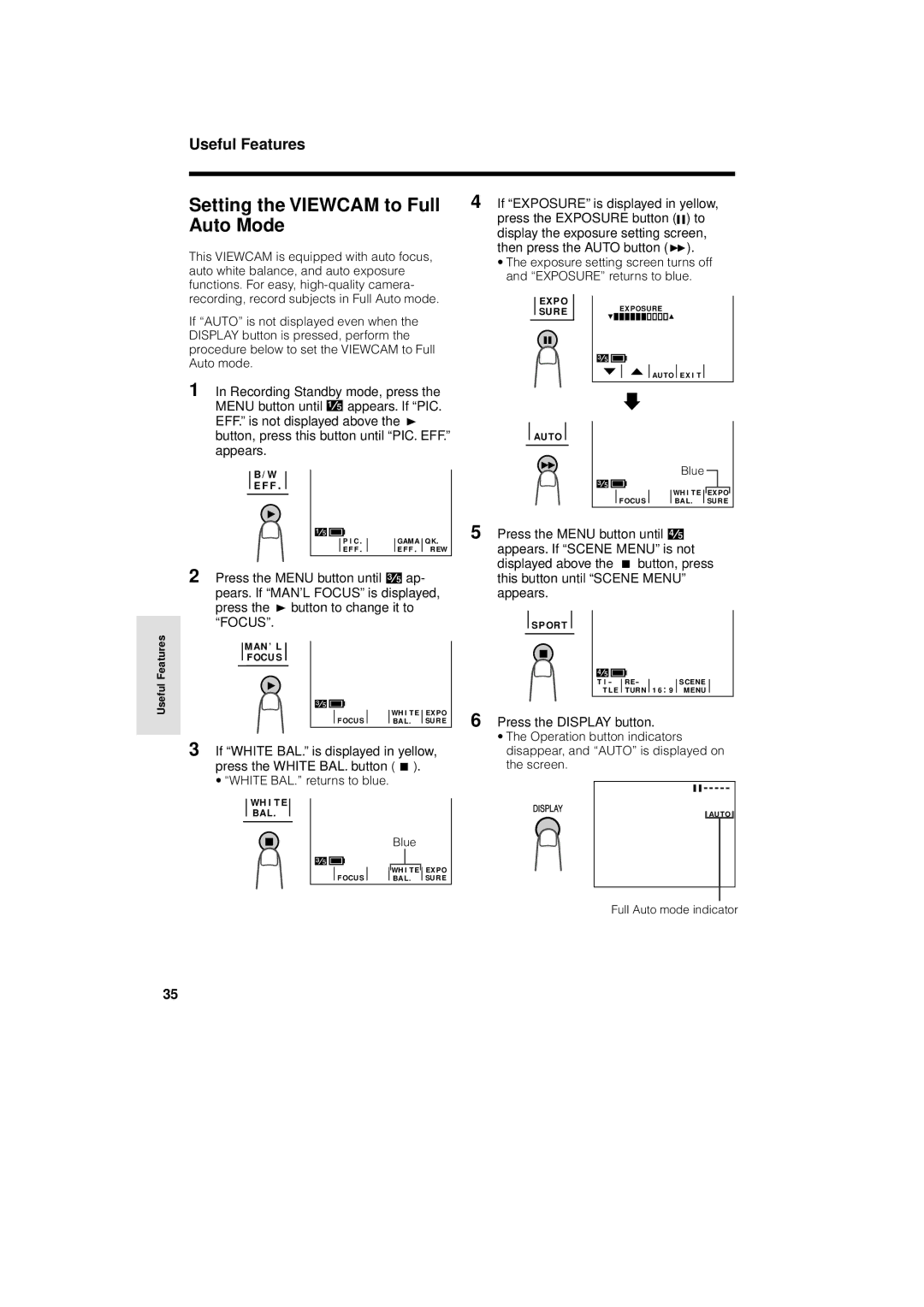 Sharp VL-A110U operation manual Setting the Viewcam to Full Auto Mode, Blue 