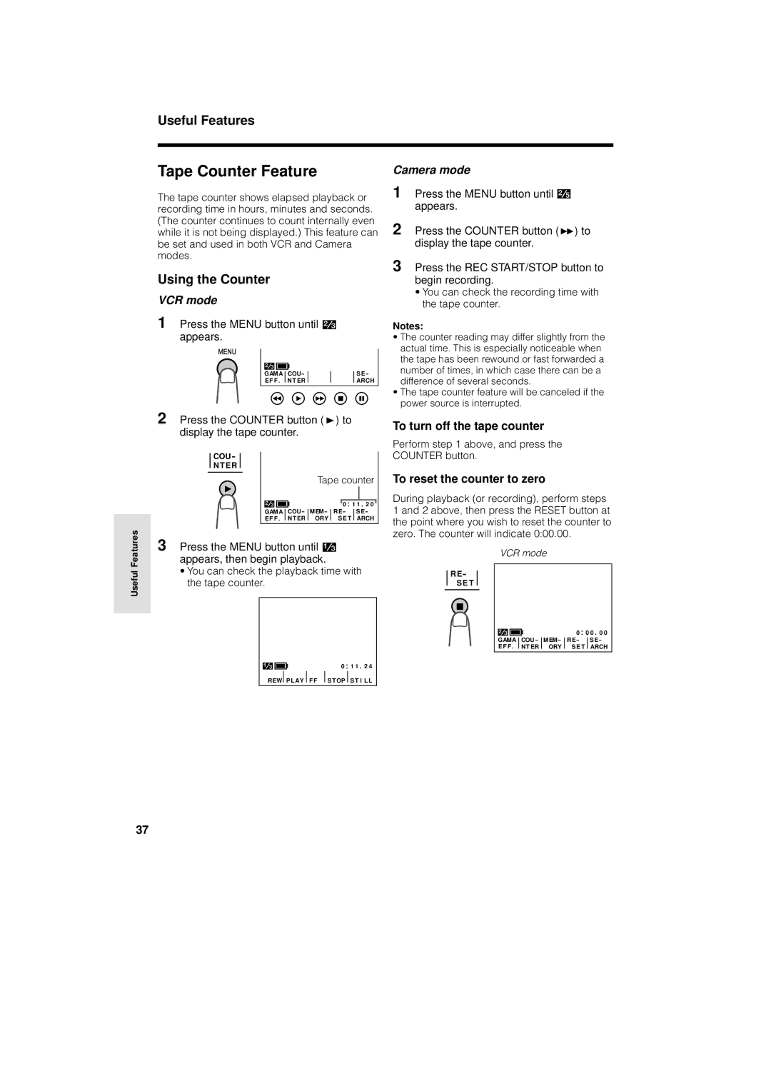 Sharp VL-A110U Tape Counter Feature, Using the Counter, To turn off the tape counter, To reset the counter to zero 