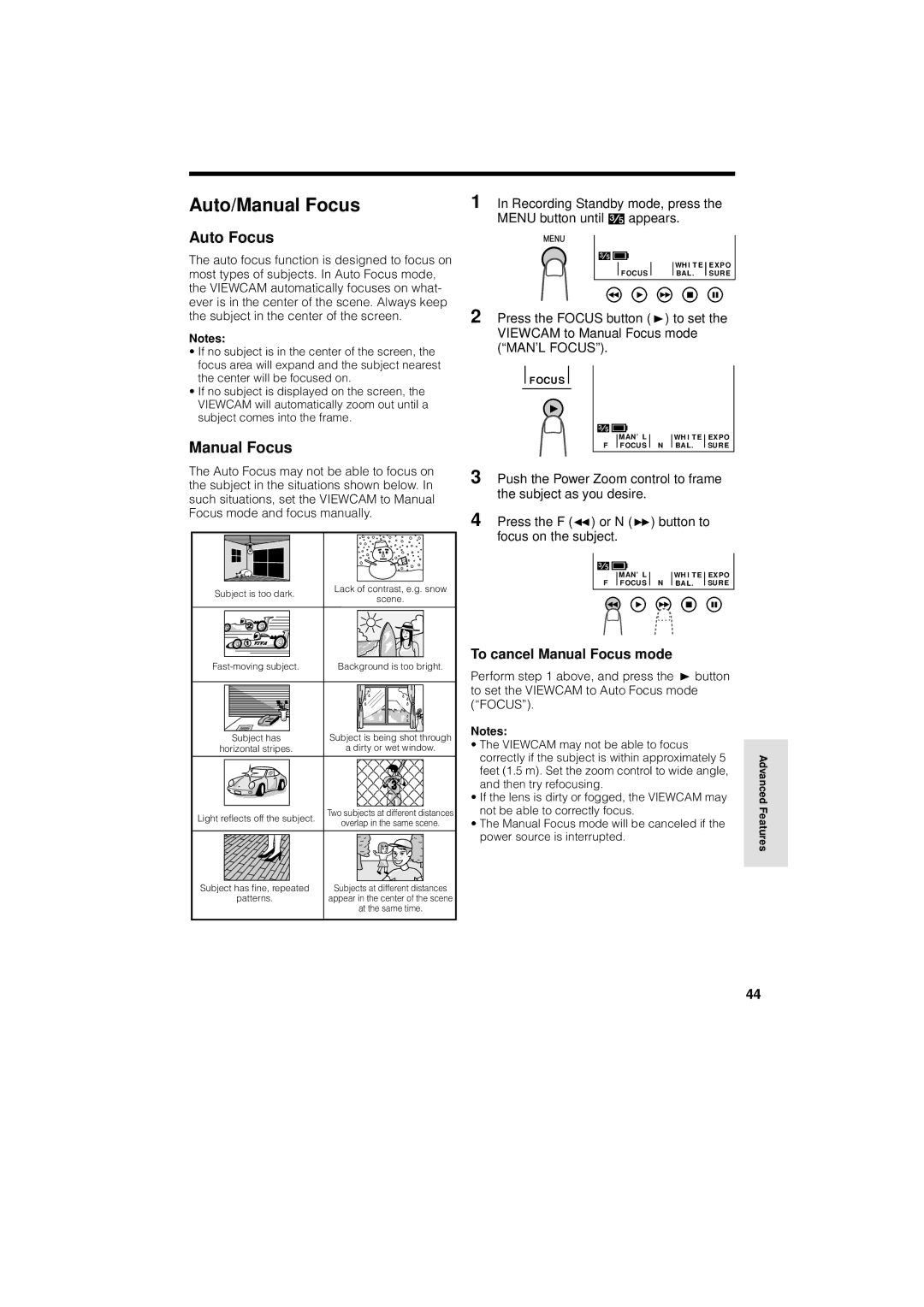 Sharp VL-A110U operation manual Auto/Manual Focus, Auto Focus, To cancel Manual Focus mode 