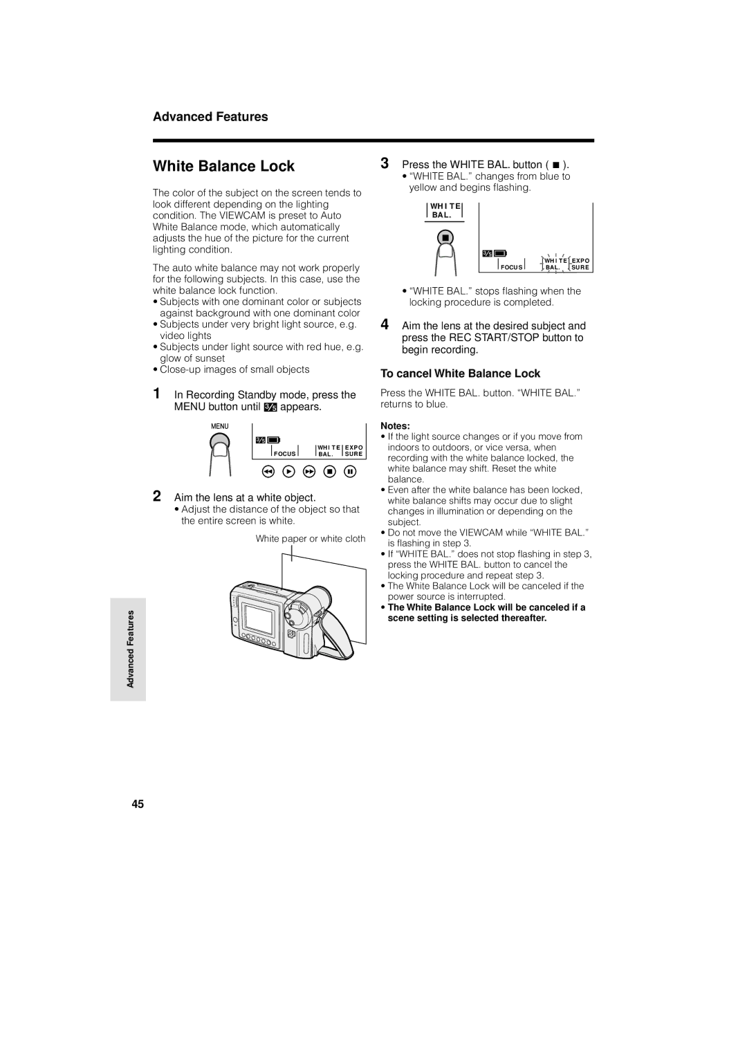 Sharp VL-A110U operation manual To cancel White Balance Lock, Press the White BAL. button. White BAL. returns to blue 