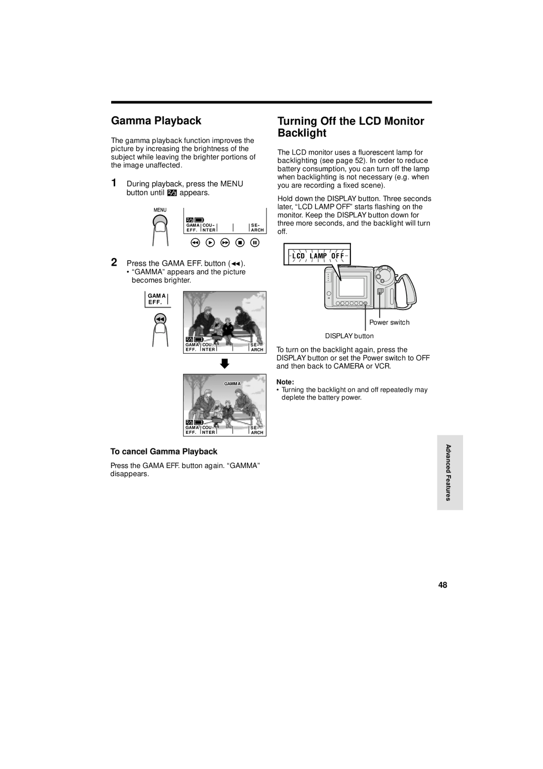 Sharp VL-A110U operation manual Turning Off the LCD Monitor Backlight, To cancel Gamma Playback 