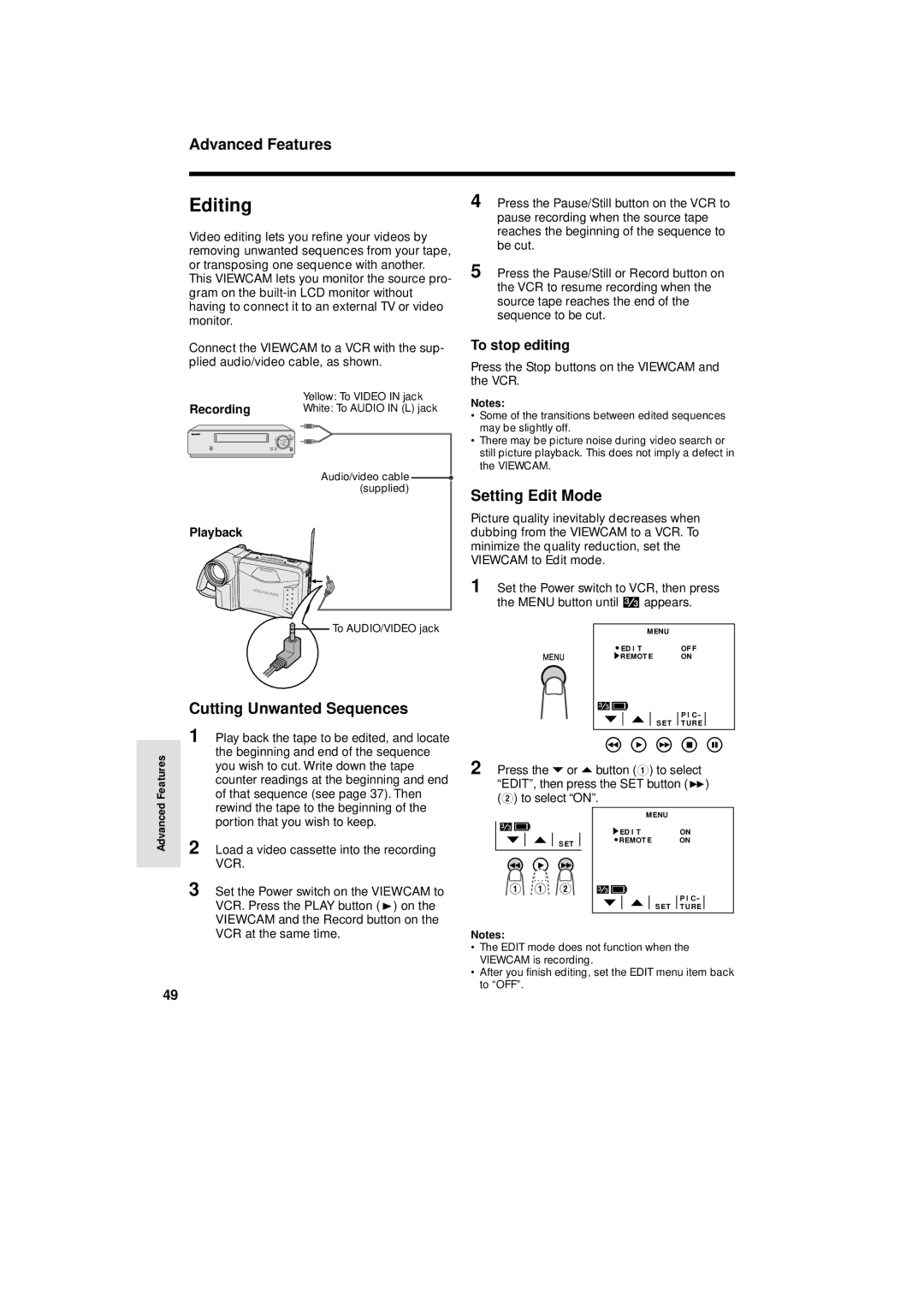 Sharp VL-A110U operation manual Editing, Setting Edit Mode, Cutting Unwanted Sequences, To stop editing 