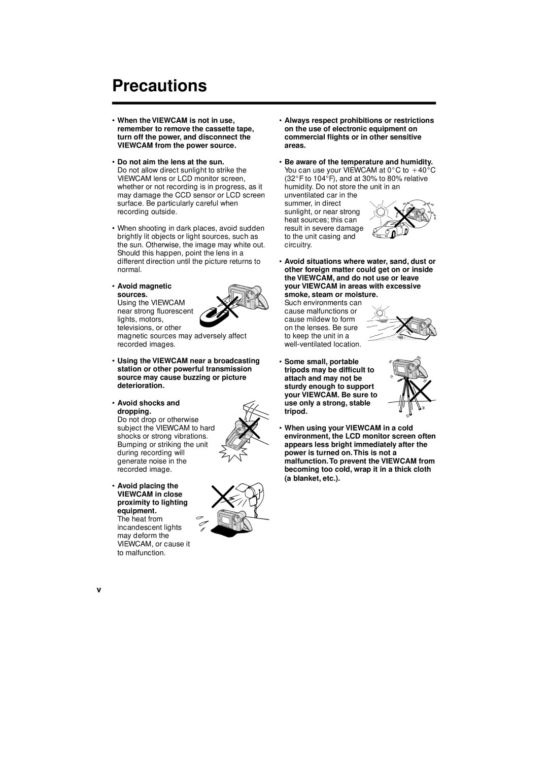 Sharp VL-A110U operation manual Do not aim the lens at the sun, Avoid shocks and dropping 