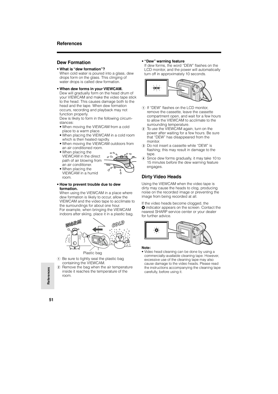 Sharp VL-A110U operation manual Dew Formation, Dirty Video Heads 