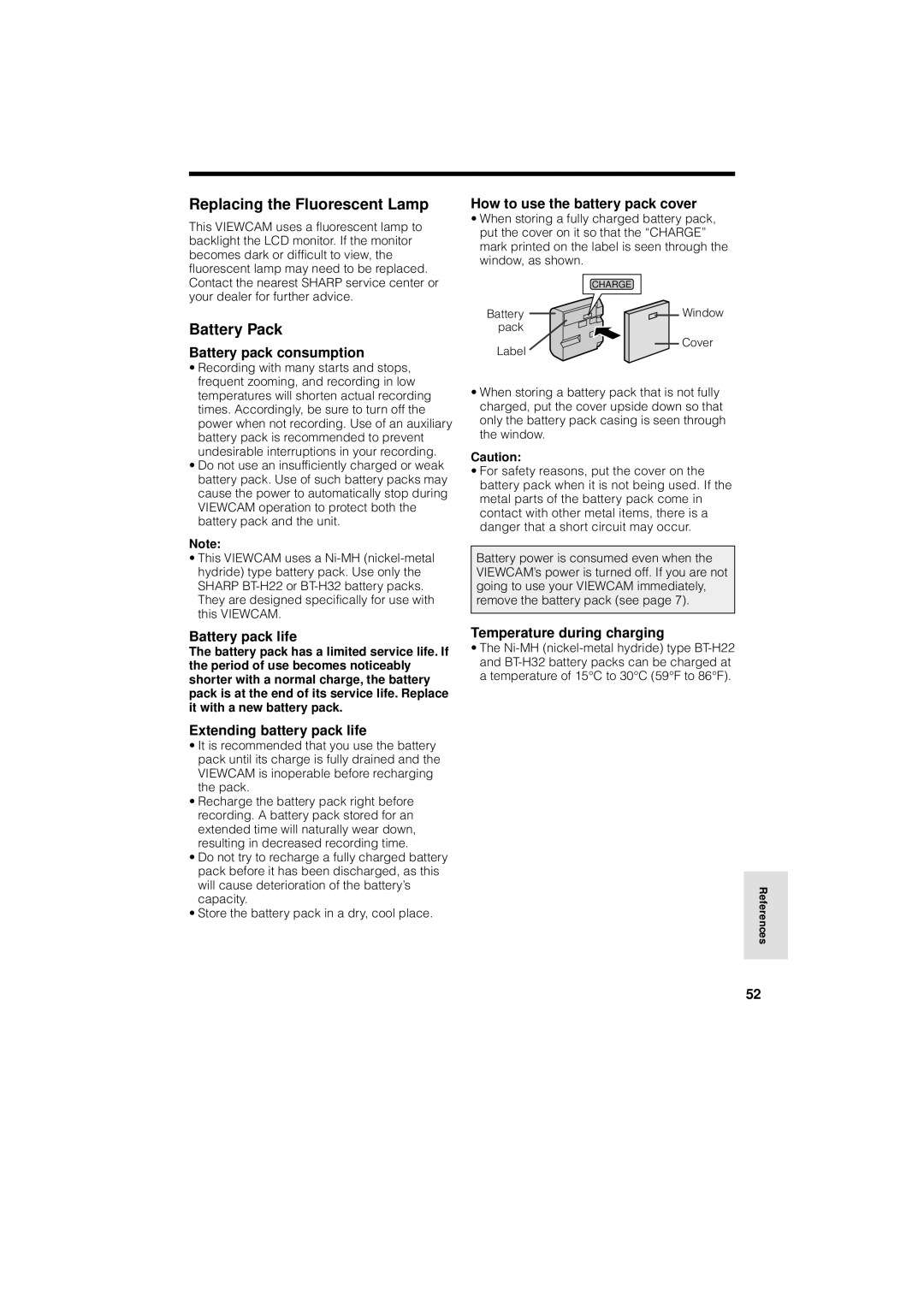 Sharp VL-A110U operation manual Replacing the Fluorescent Lamp, Battery Pack 