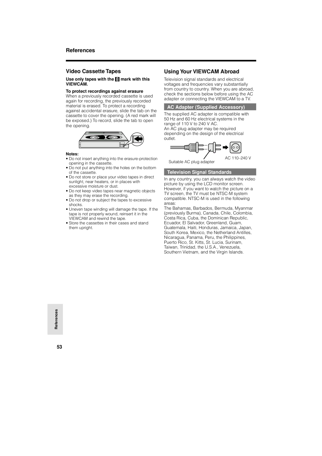 Sharp VL-A110U References Video Cassette Tapes, Using Your Viewcam Abroad, Use only tapes with the mark with this 