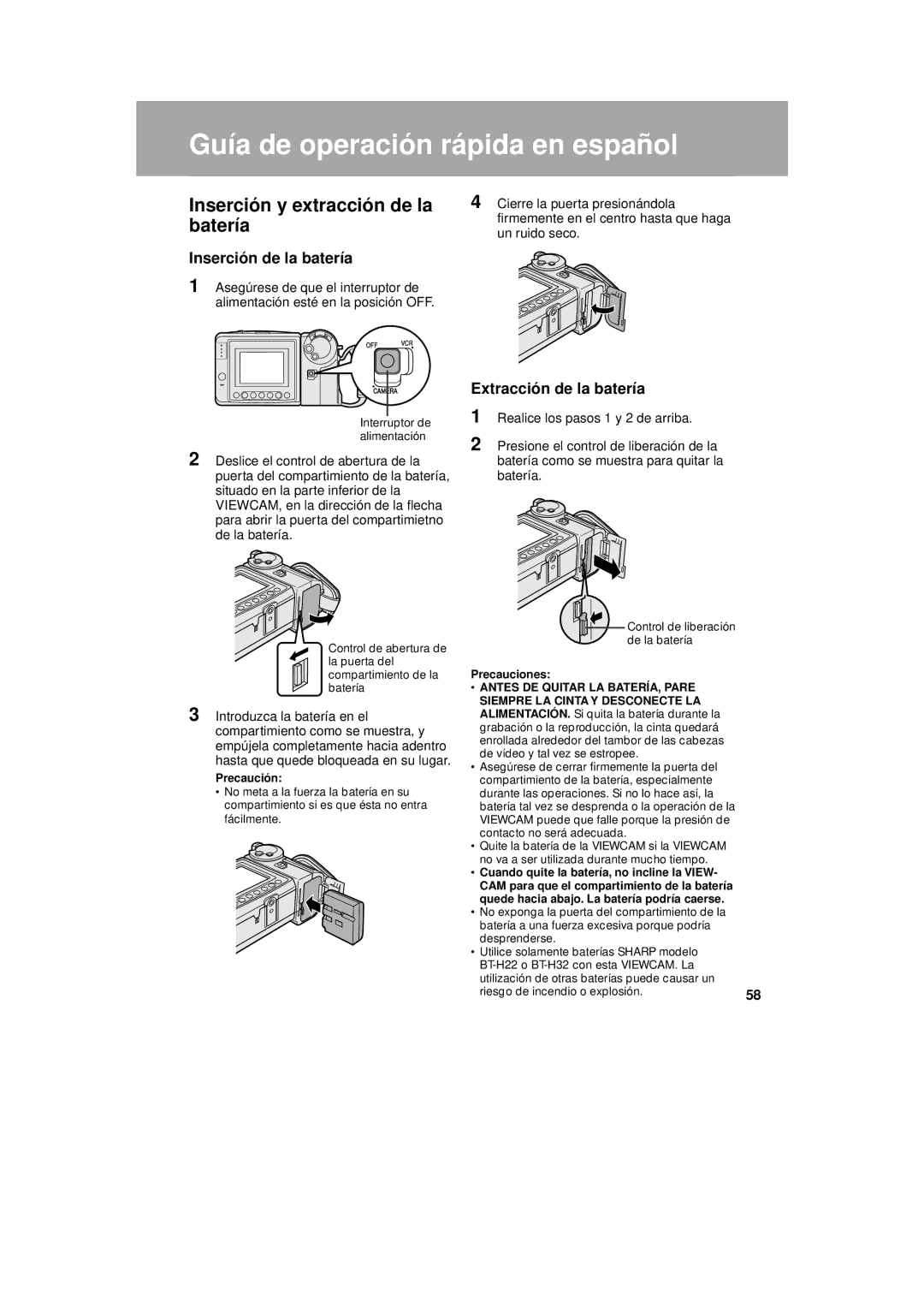 Sharp VL-A110U operation manual Inserción y extracción de la, Batería, Inserción de la batería, Extracción de la batería 