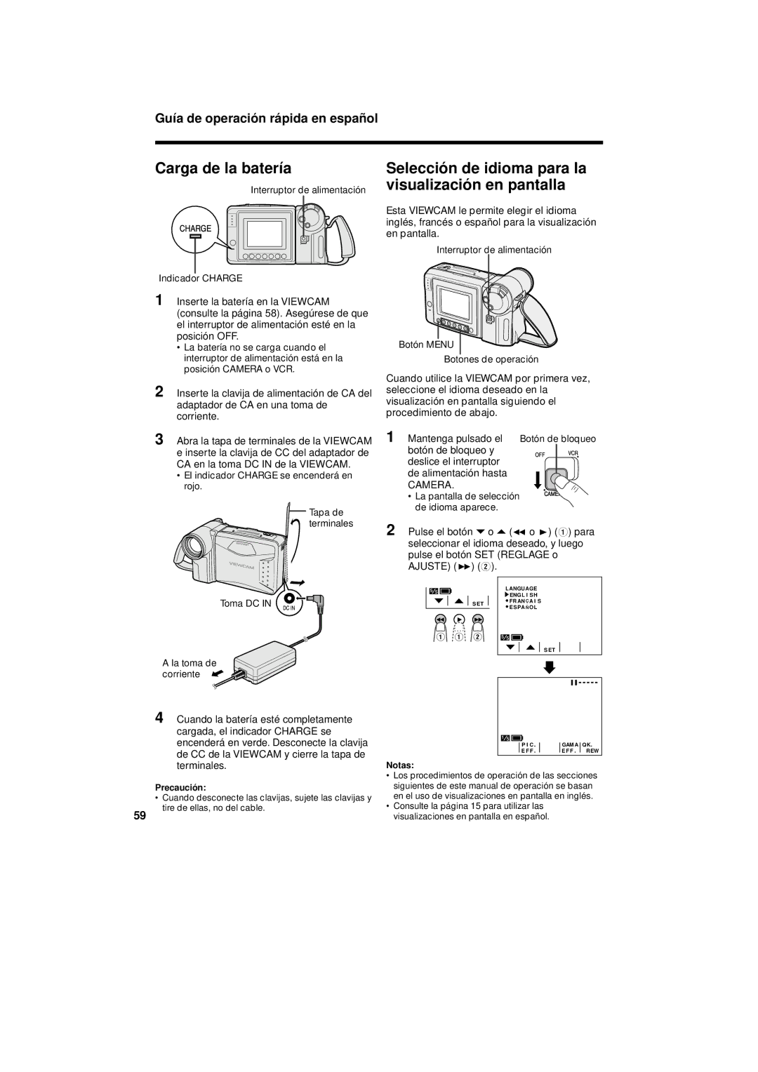 Sharp VL-A110U operation manual Carga de la batería, Selecció n de idioma para la visualizació n en pantalla 