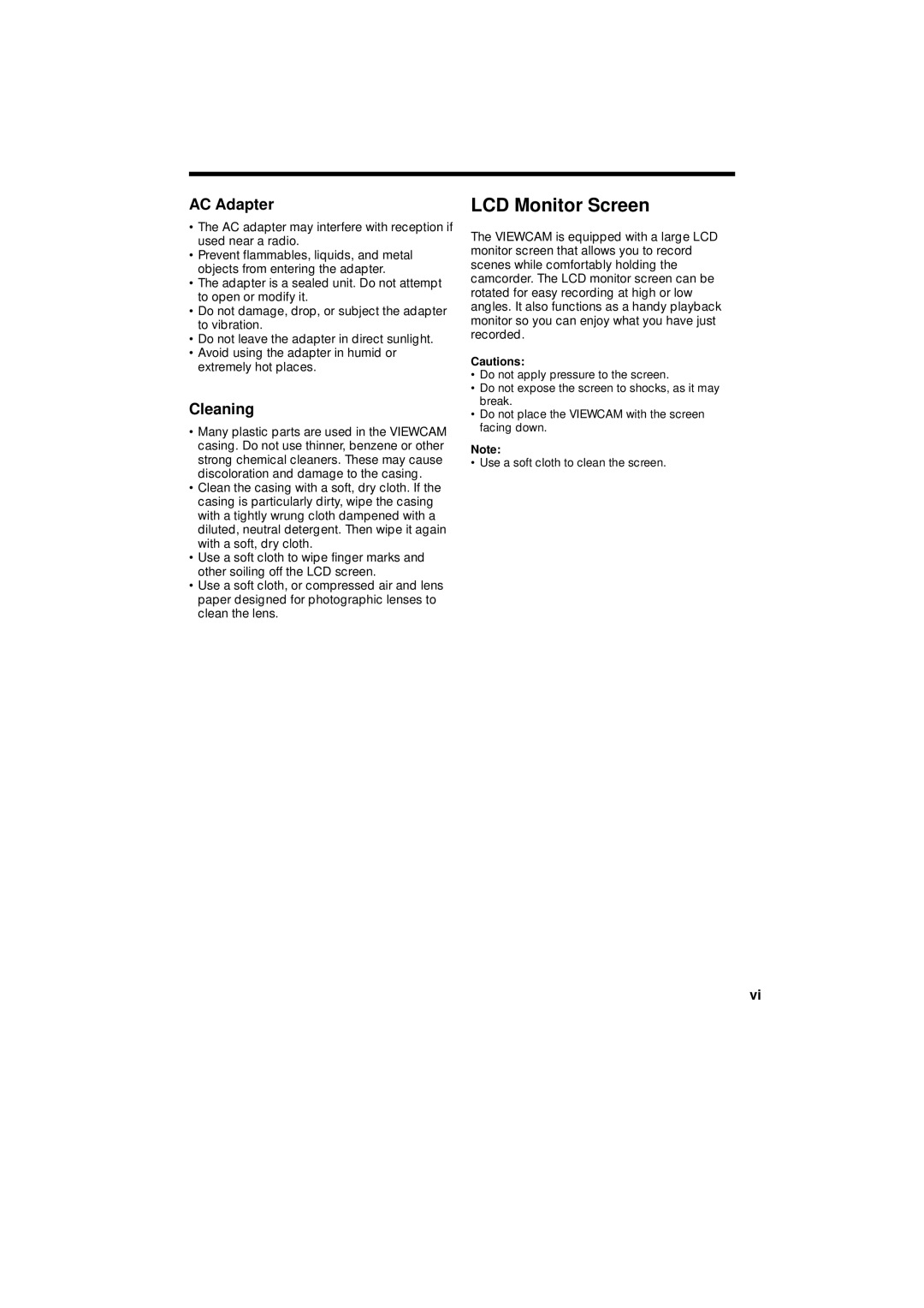 Sharp VL-A110U operation manual LCD Monitor Screen, AC Adapter, Cleaning 