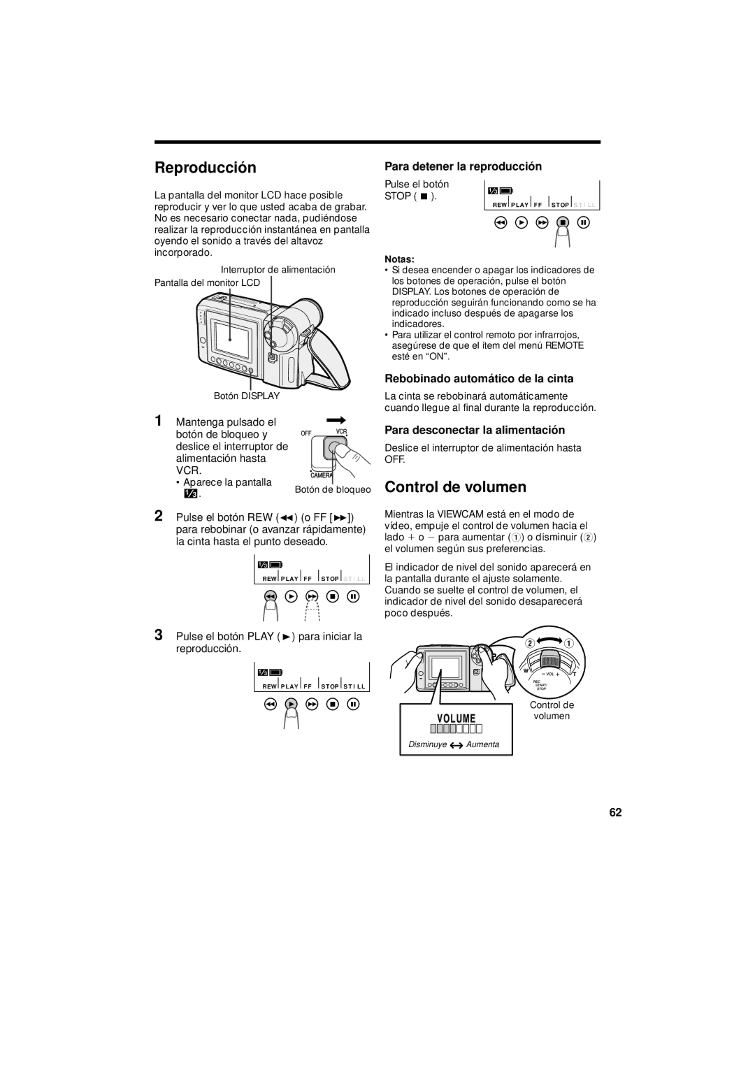 Sharp VL-A110U Reproducció n, Control de volumen, Para detener la reproducció n, Rebobinado automá tico de la cinta 