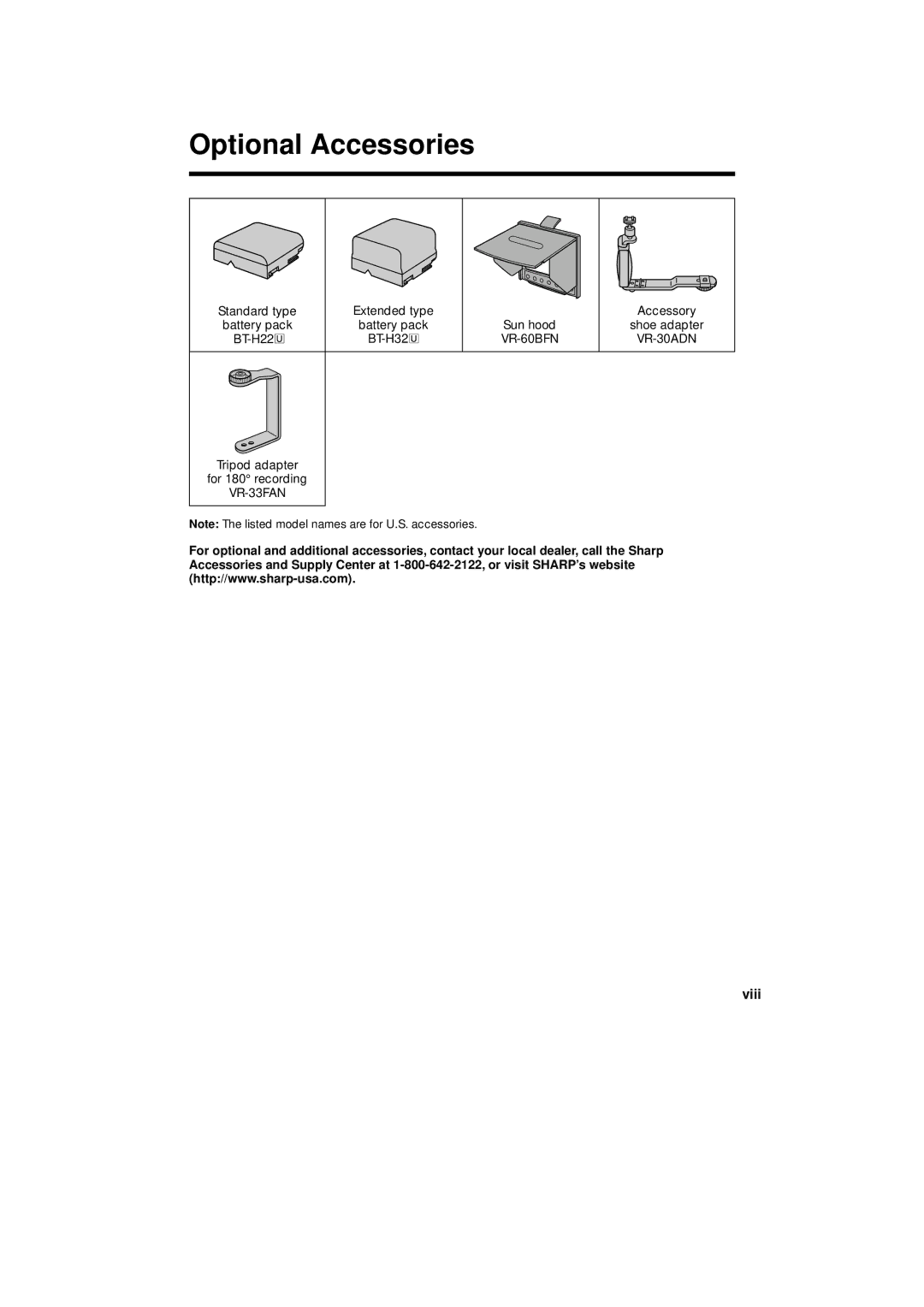 Sharp VL-A110U operation manual Viii, Tripod adapter For 180 recording 