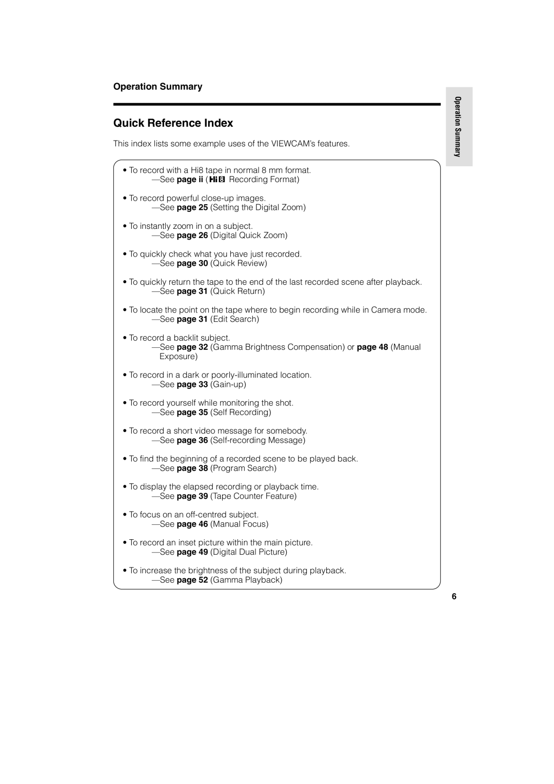 Sharp VL AH 50 H operation manual Quick Reference Index 