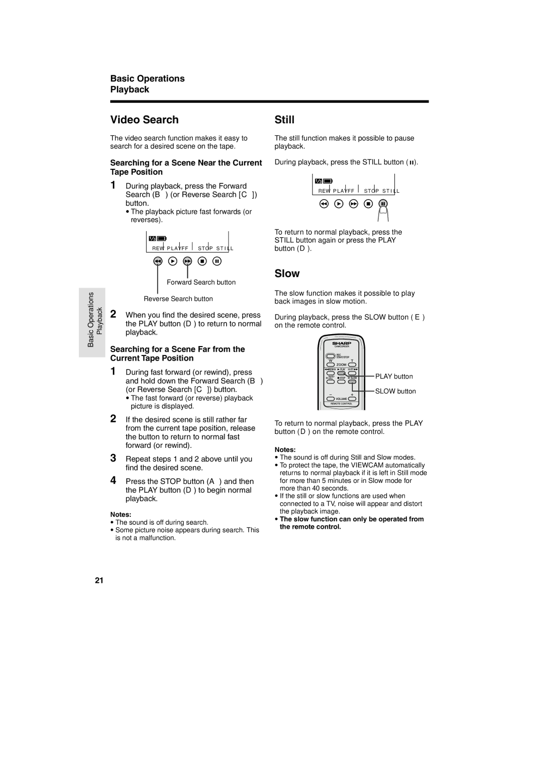 Sharp VL AH 50 H operation manual Video Search, Still, Slow, Basic Operations Playback 