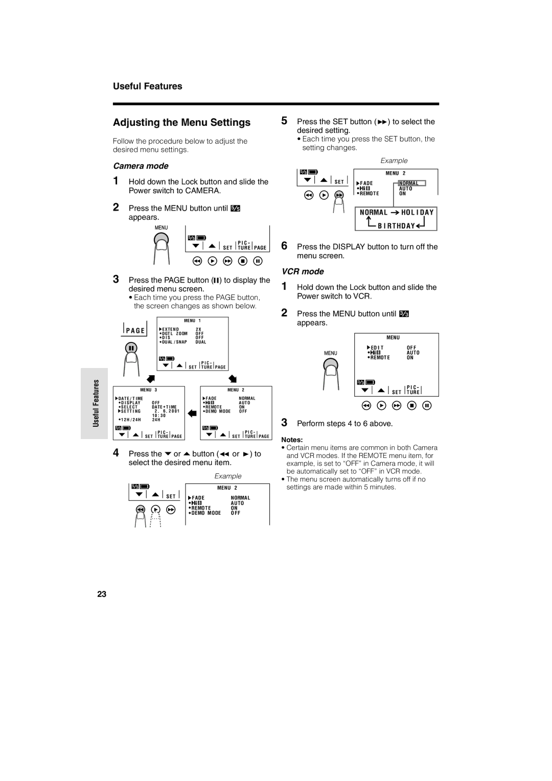 Sharp VL AH 50 H operation manual Press the SET button B to select, Desired setting, Perform steps 4 to 6 above 