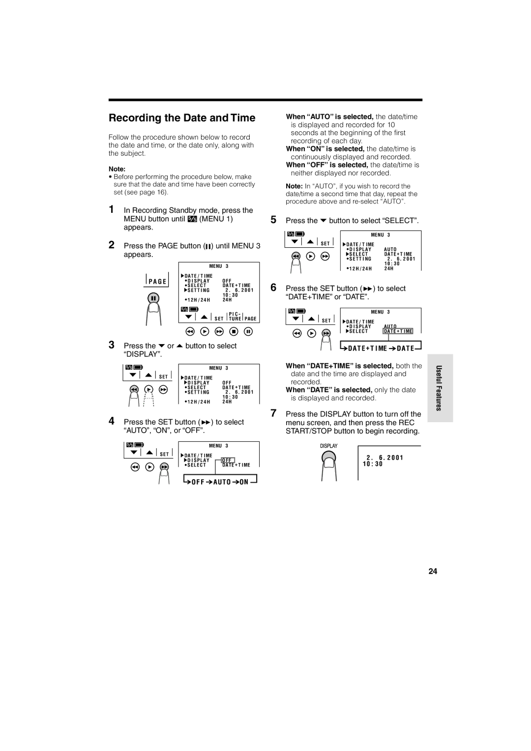 Sharp VL AH 50 H Recording the Date and Time, Press the or Button to select, Press the button to select Select 