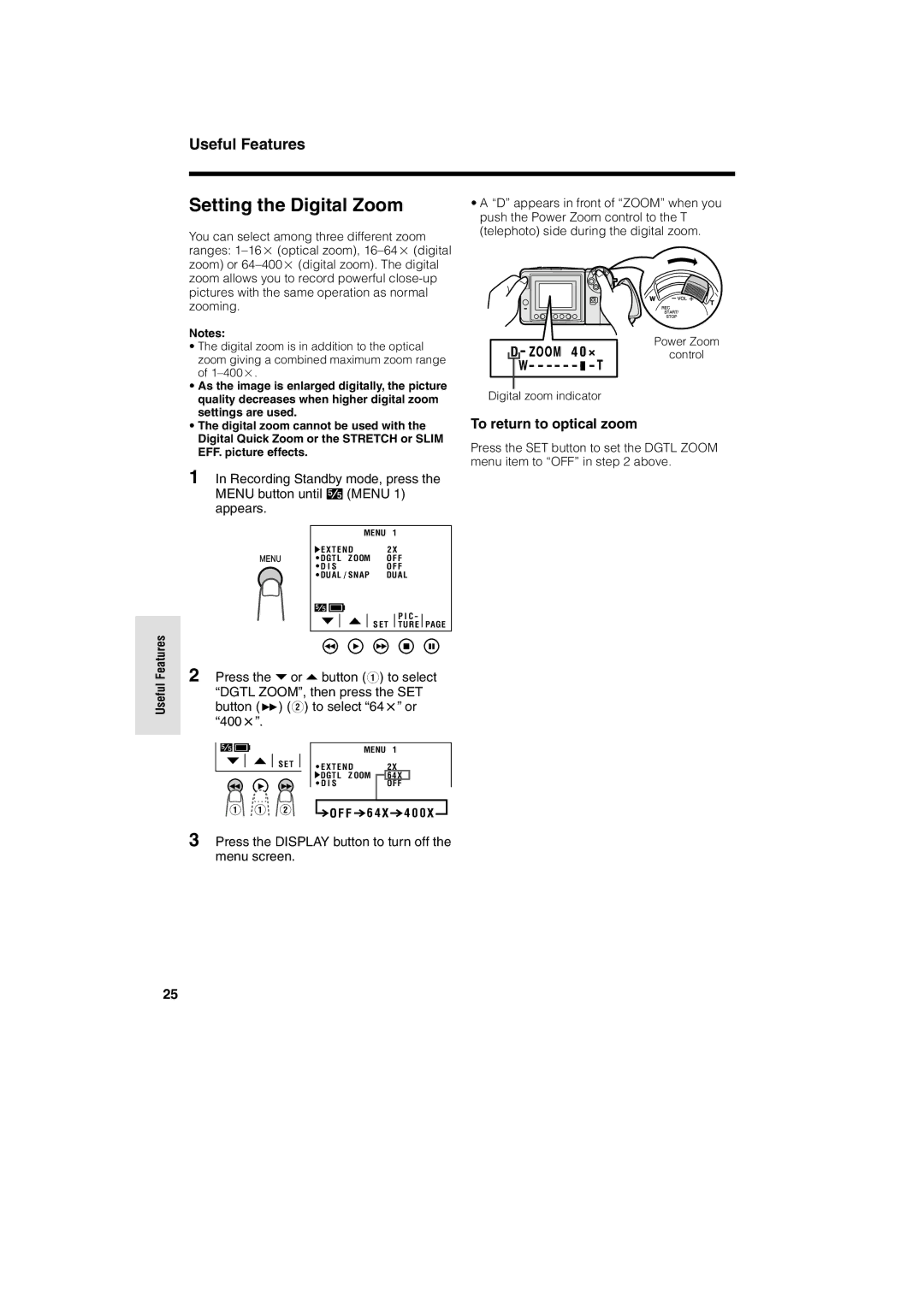 Sharp VL AH 50 H operation manual Setting the Digital Zoom, To return to optical zoom 