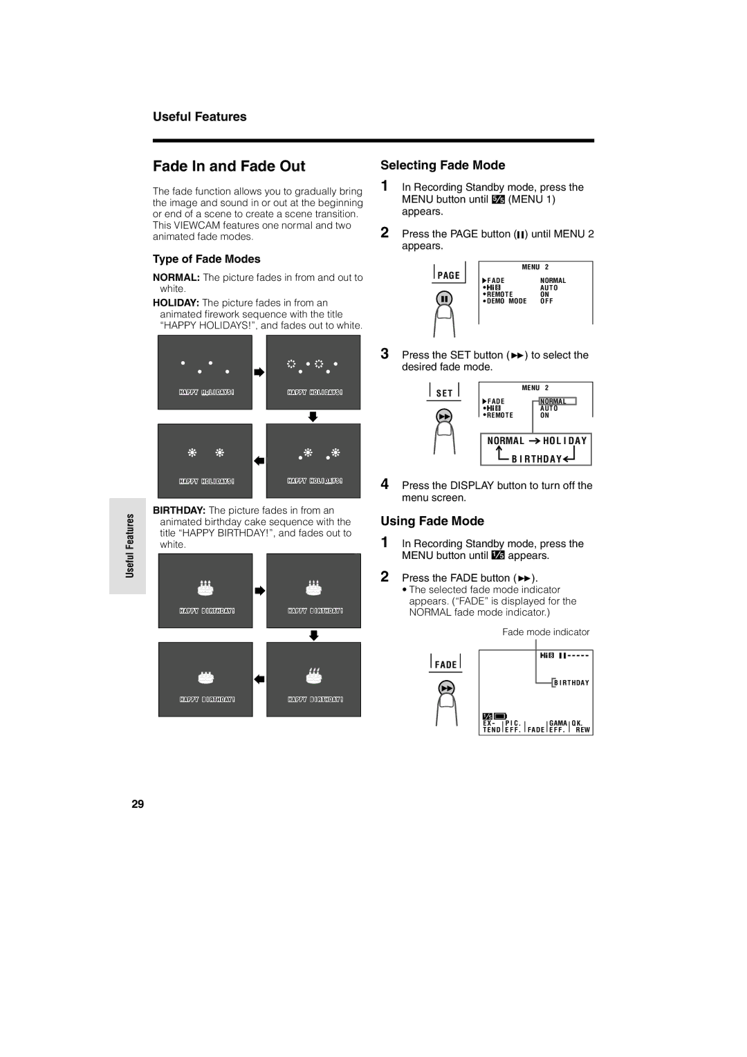 Sharp VL AH 50 H operation manual Fade In and Fade Out, Selecting Fade Mode, Using Fade Mode, Type of Fade Modes 