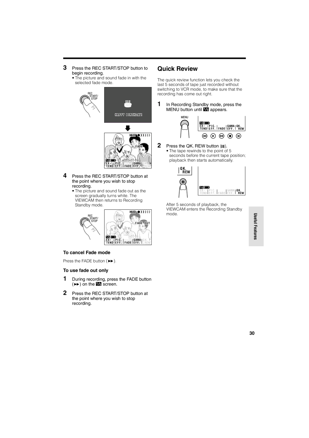 Sharp VL AH 50 H operation manual Quick Review, To cancel Fade mode, To use fade out only 