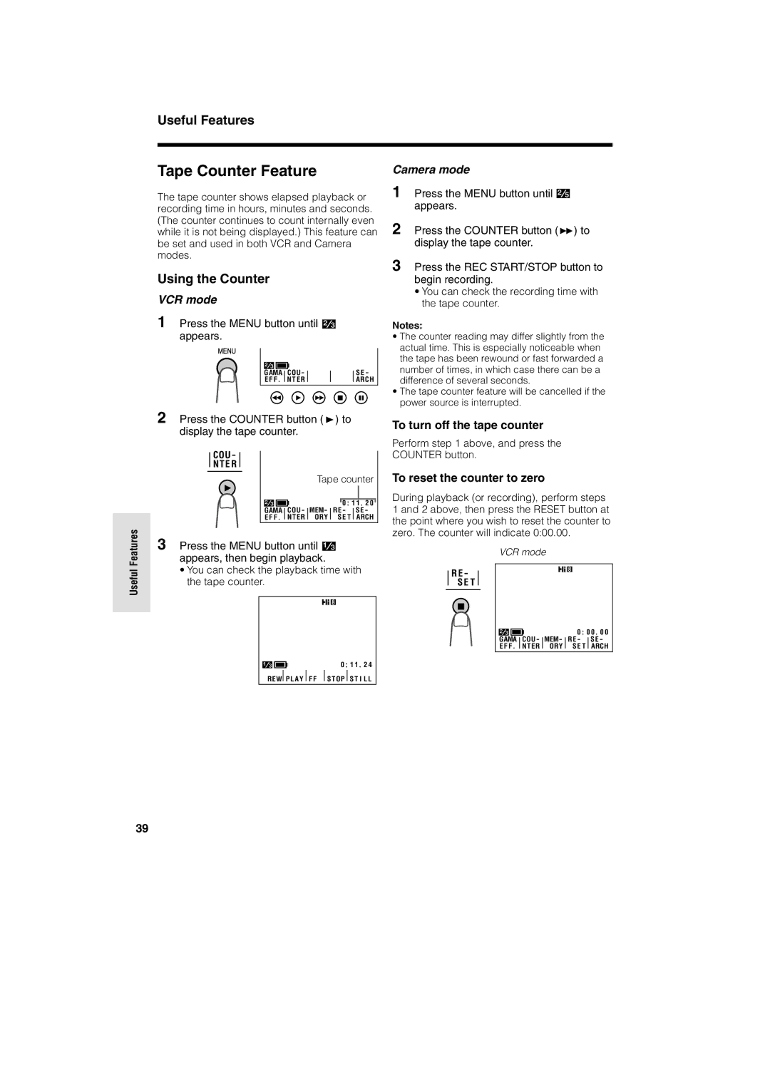 Sharp VL AH 50 H Tape Counter Feature, Using the Counter, To turn off the tape counter, To reset the counter to zero 