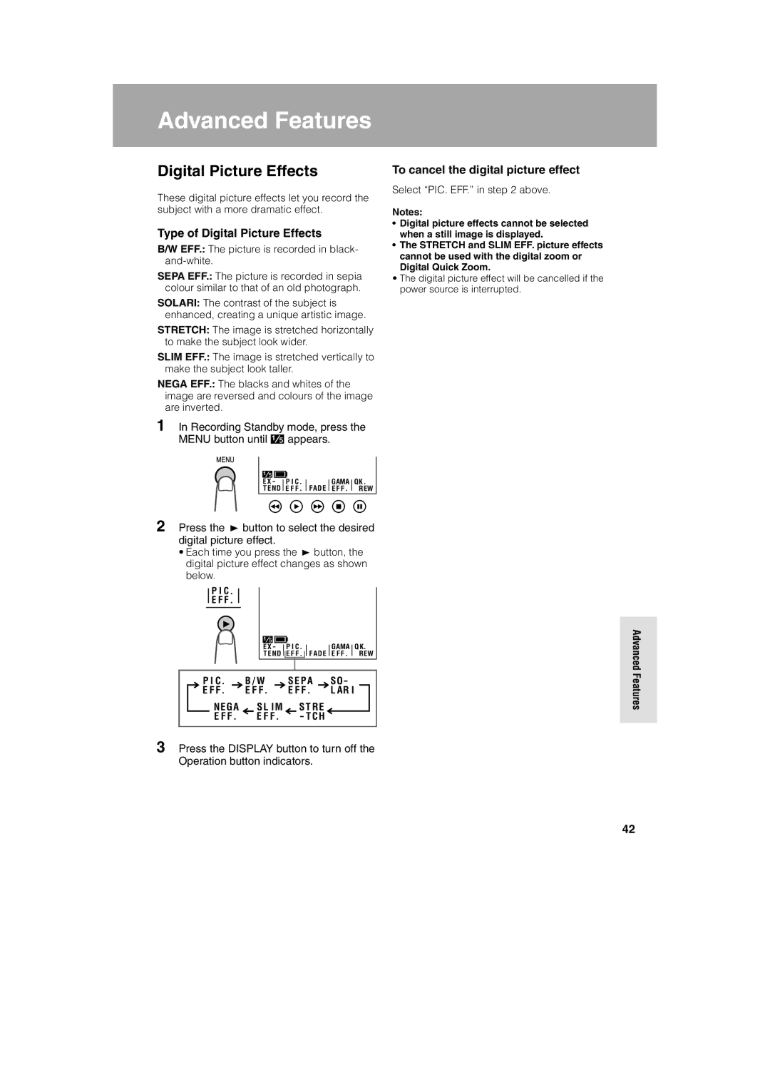 Sharp VL AH 50 H Type of Digital Picture Effects, To cancel the digital picture effect, Select PIC. EFF. in above 