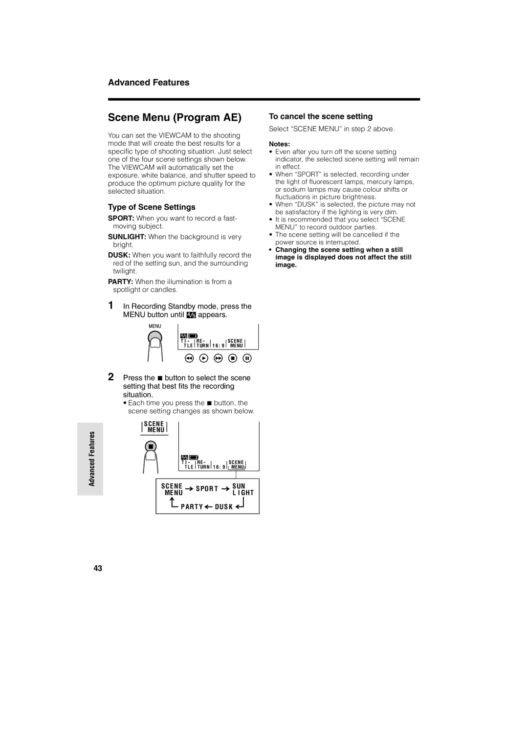 Sharp VL AH 50 H Scene Menu Program AE, Type of Scene Settings, To cancel the scene setting, Select Scene Menu in above 