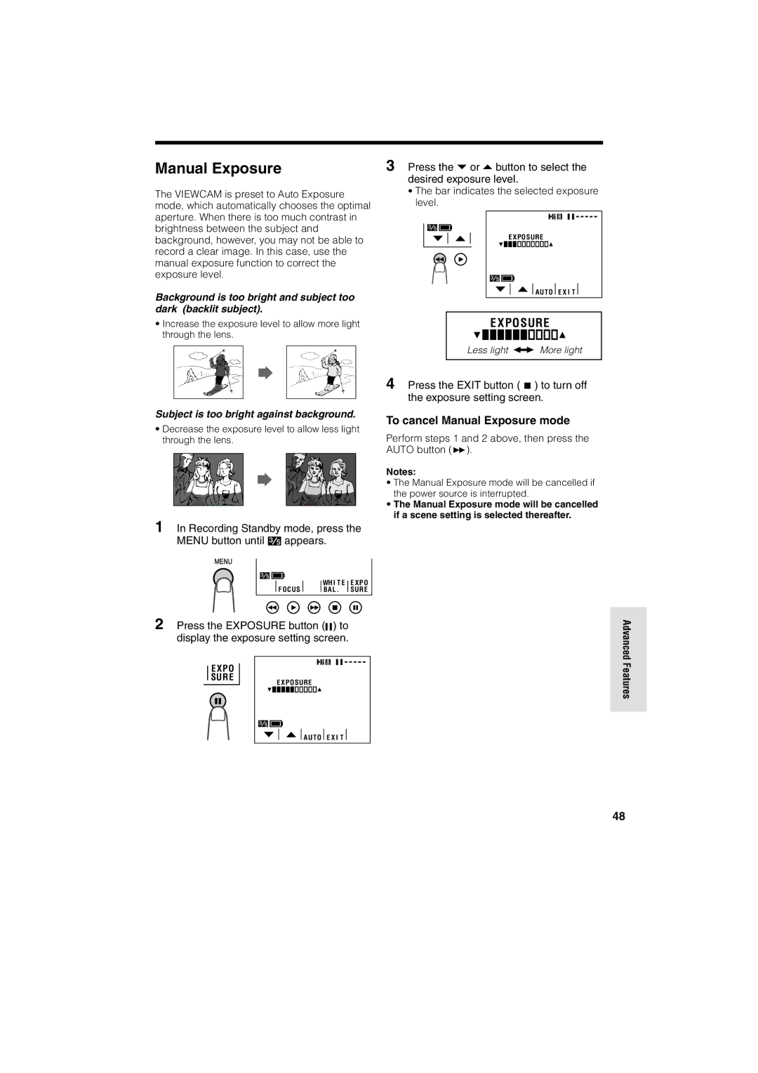 Sharp VL AH 50 H To cancel Manual Exposure mode, Perform steps 1 and 2 above, then press the Auto button B 