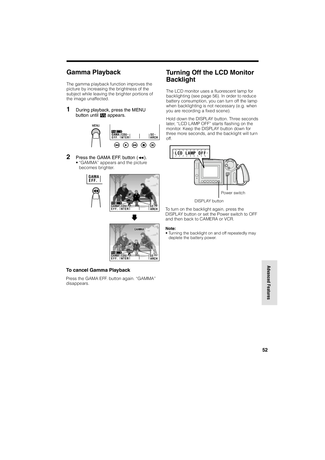 Sharp VL AH 50 H operation manual Turning Off the LCD Monitor Backlight, To cancel Gamma Playback 