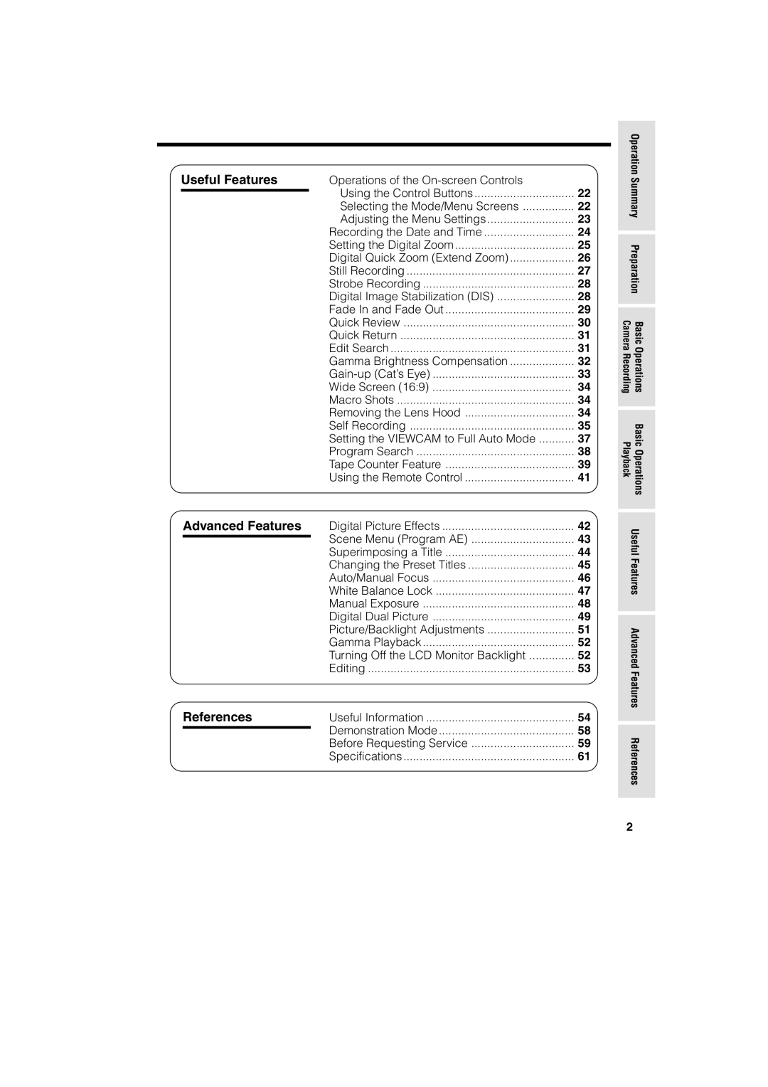 Sharp VL AH 50 H operation manual Useful Features, Advanced Features, References, Gamma Brightness Compensation 