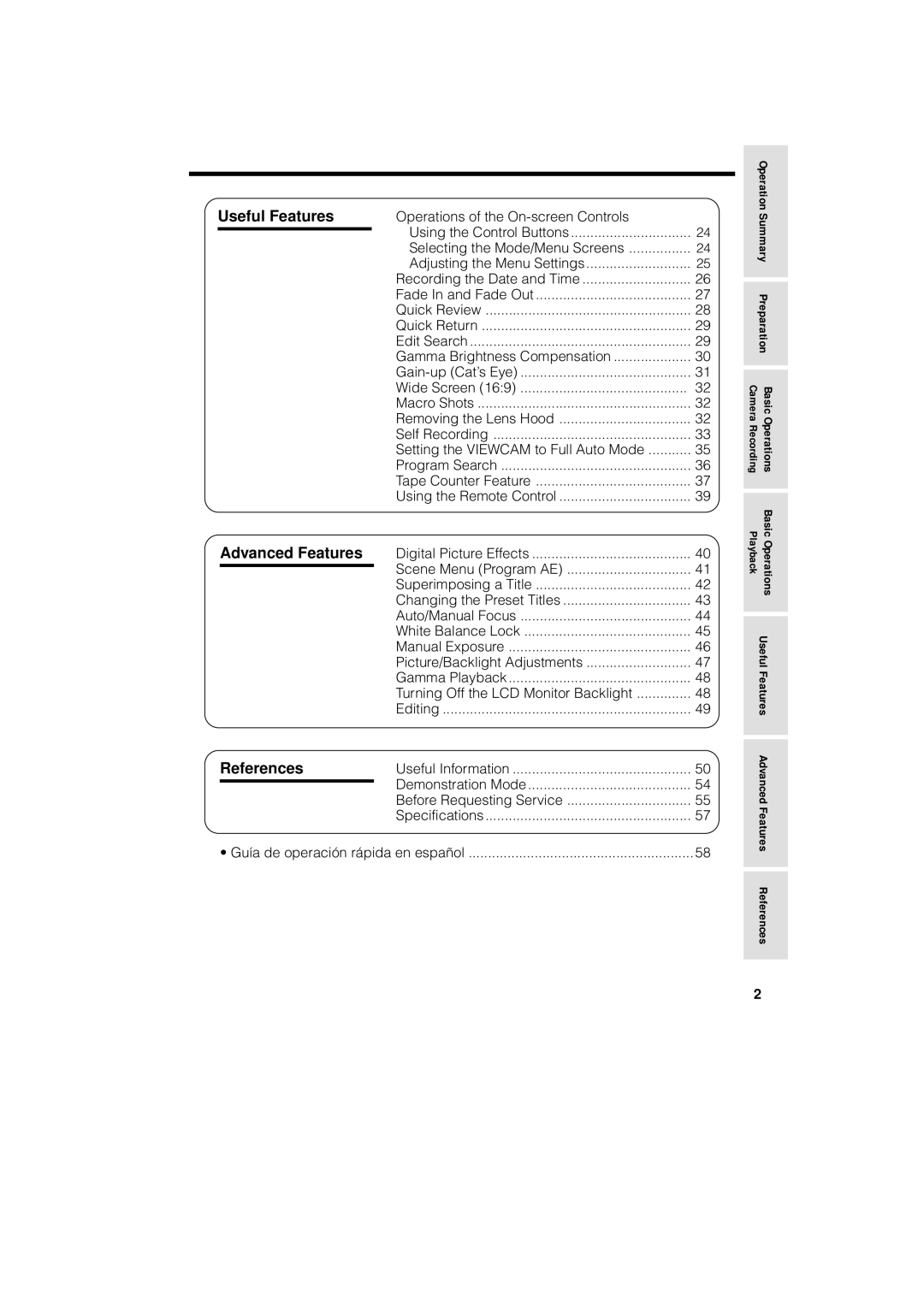 Sharp VL-AH130U operation manual Useful Features, Advanced Features, References, Gamma Brightness Compensation 