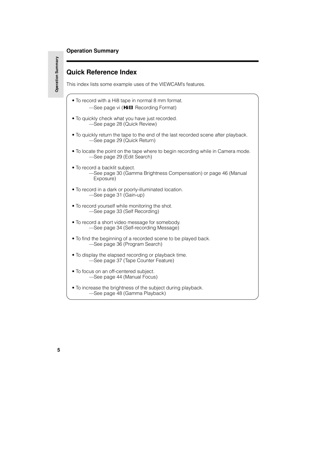 Sharp VL-AH130U operation manual Quick Reference Index, Operation Summary 