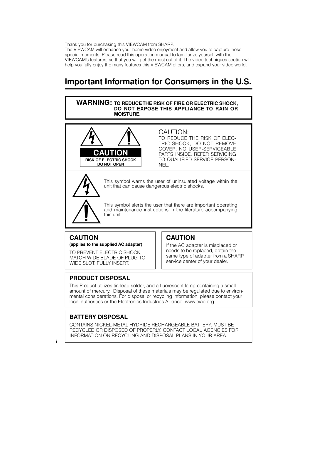 Sharp VL-AH130U operation manual Thank you for purchasing this Viewcam from Sharp, Applies to the supplied AC adapter 