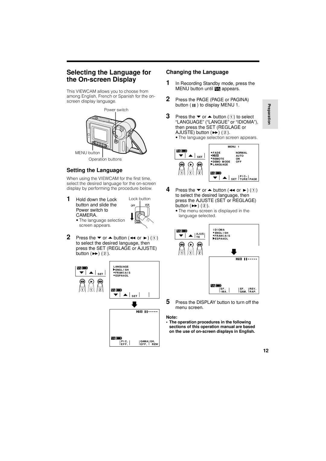 Sharp VL-AH130U Selecting the Language for the On-screen Display, Setting the Language, Changing the Language 